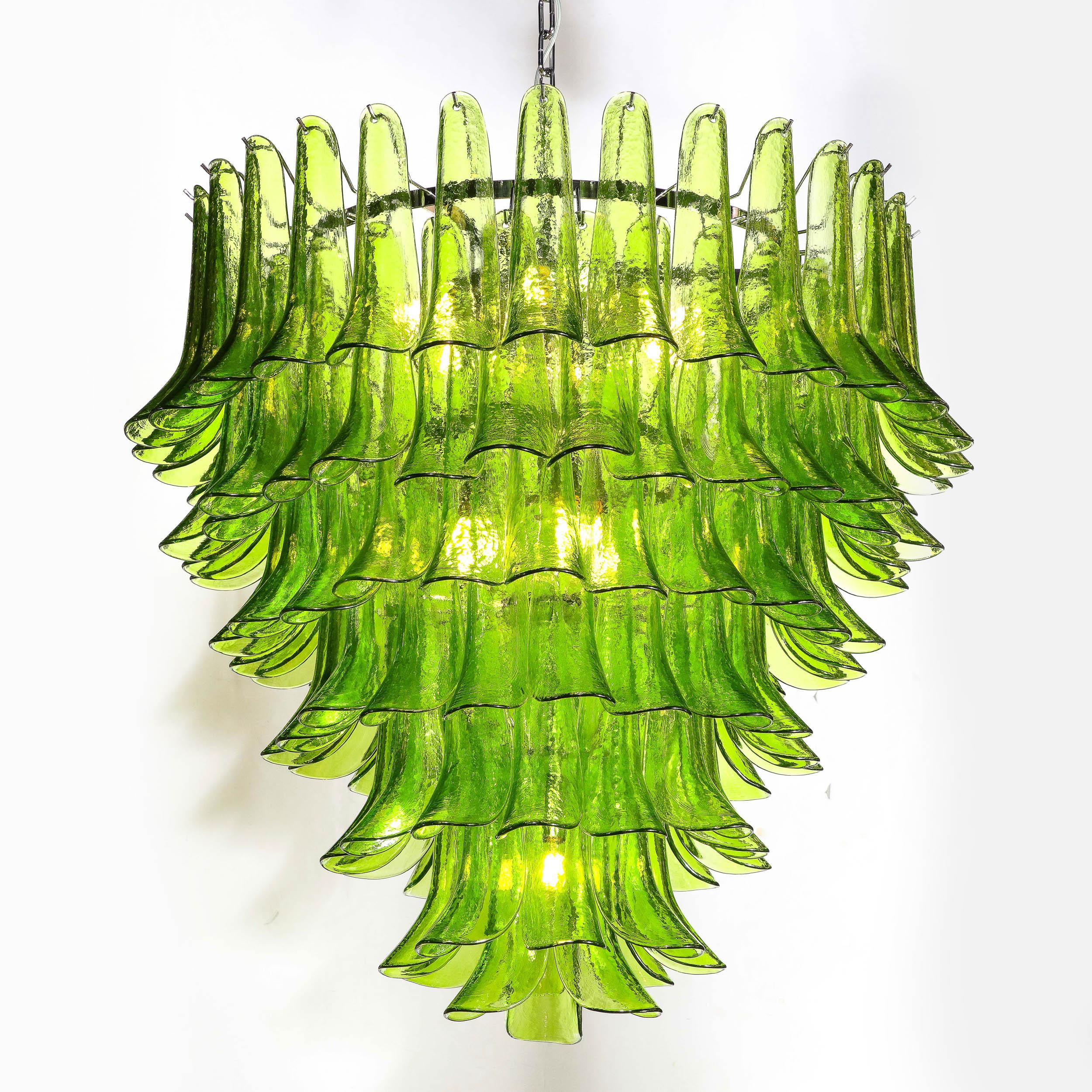 Modernist Hand-Blown Peridot Murano Glass Feather Chandelier w/ Chrome Fittings For Sale 6