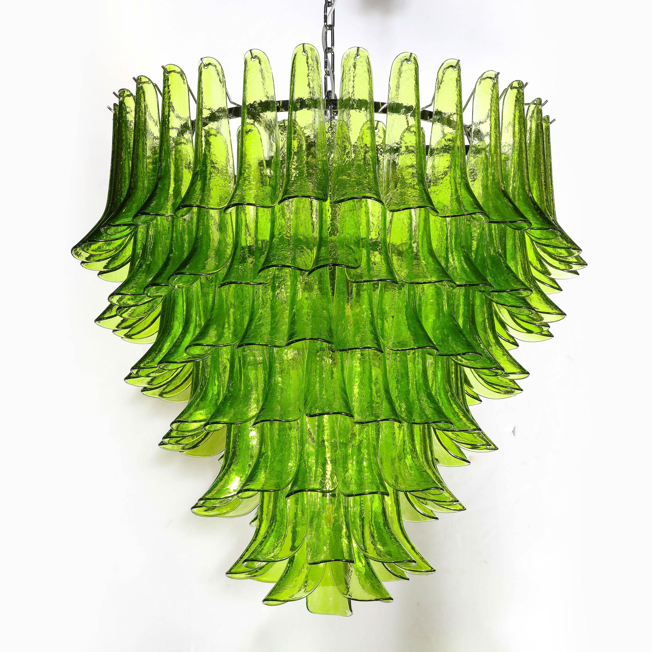Modernist Hand-Blown Peridot Murano Glass Feather Chandelier w/ Chrome Fittings For Sale 7