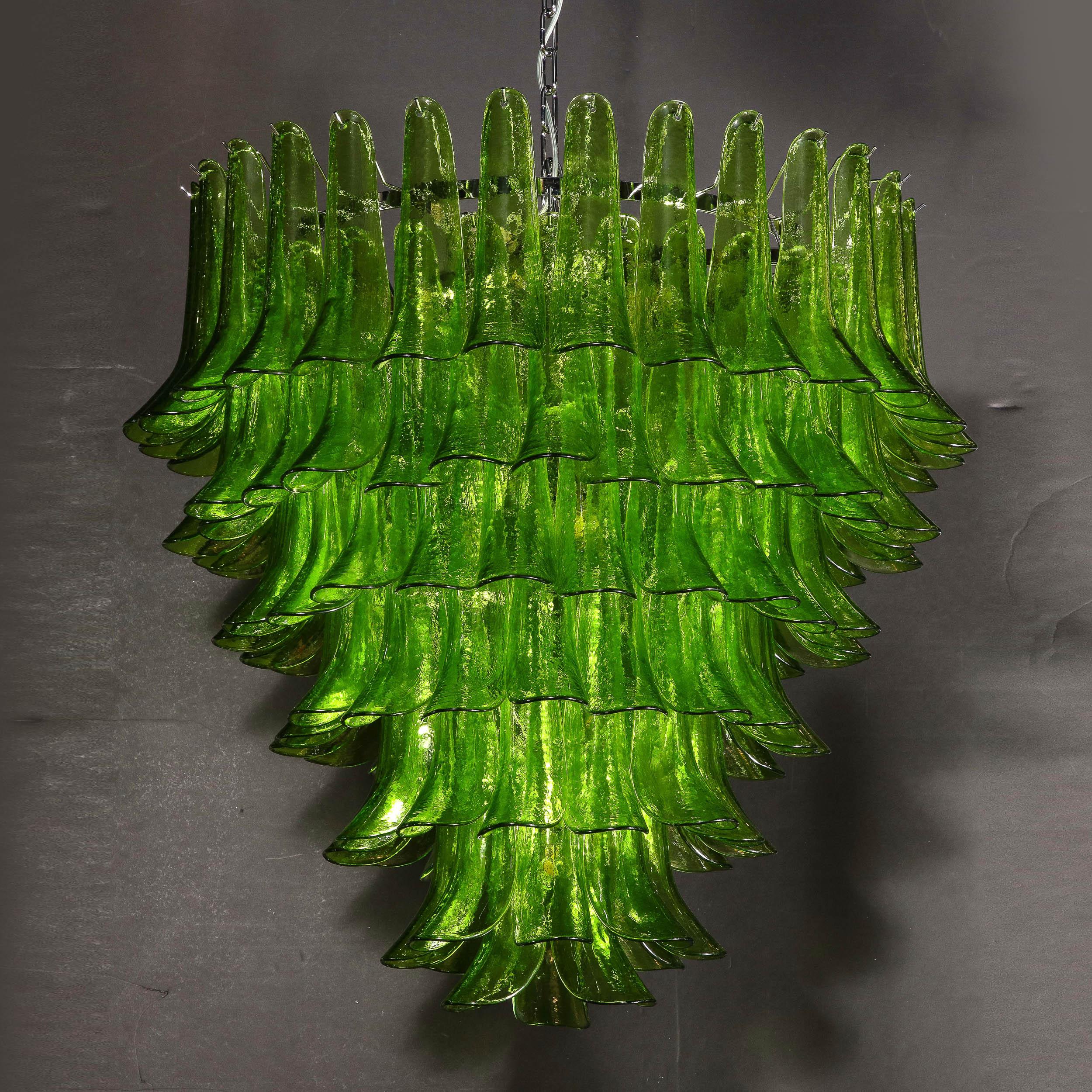 Modernist Hand-Blown Peridot Murano Glass Feather Chandelier w/ Chrome Fittings For Sale 8
