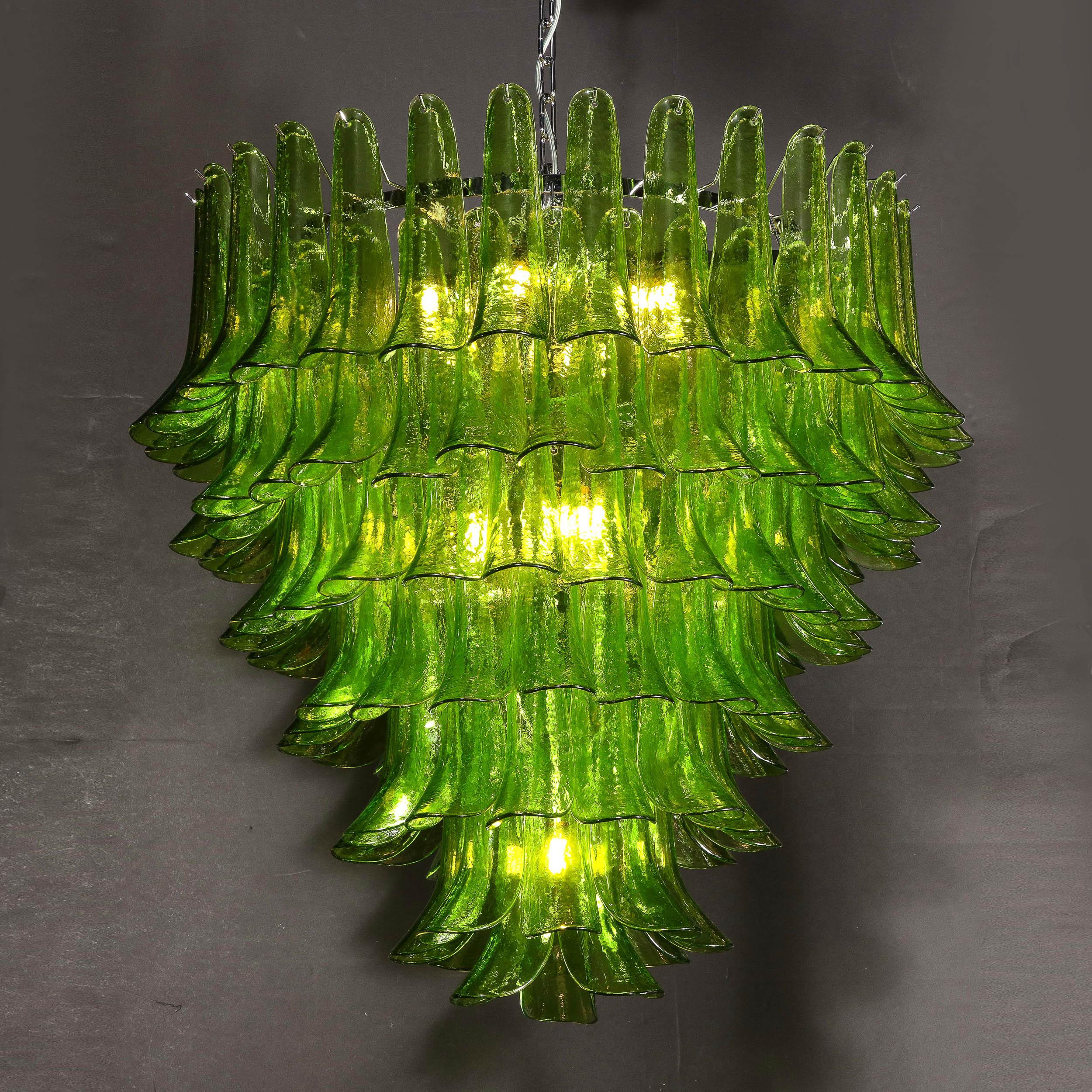 Modernist Hand-Blown Peridot Murano Glass Feather Chandelier w/ Chrome Fittings For Sale 9