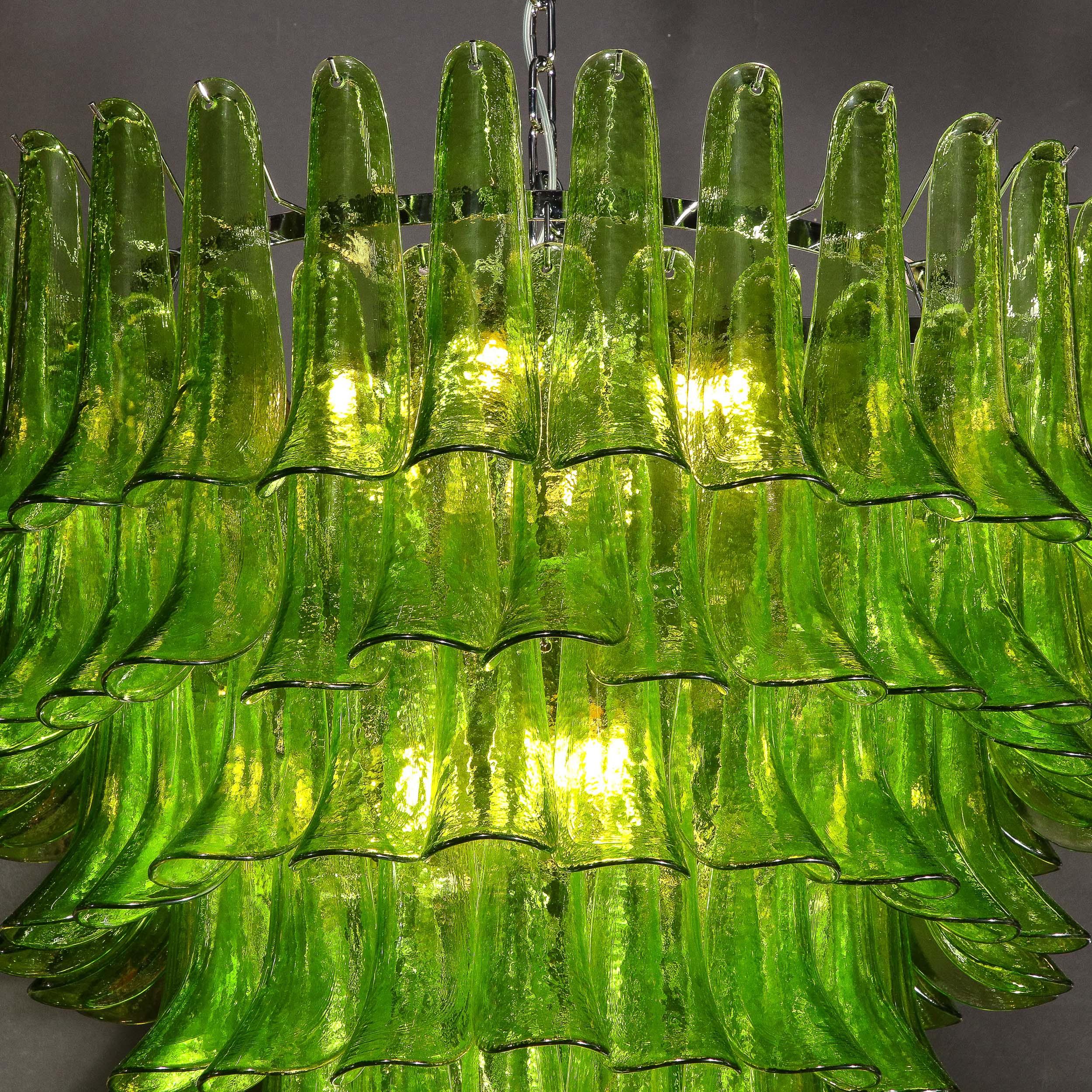 Modernist Hand-Blown Peridot Murano Glass Feather Chandelier w/ Chrome Fittings For Sale 11