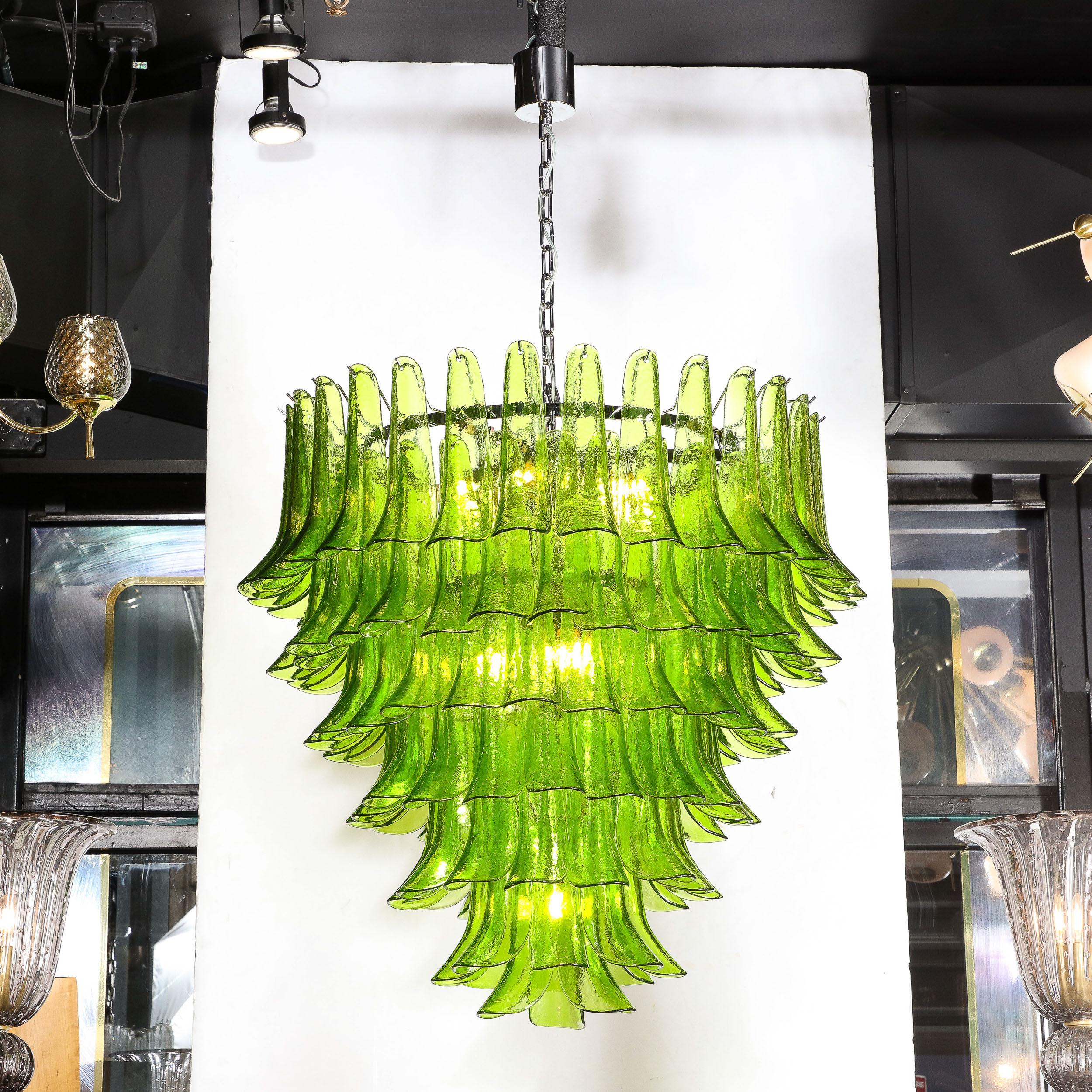 Modernist Hand-Blown Peridot Murano Glass Feather Chandelier w/ Chrome Fittings For Sale 12