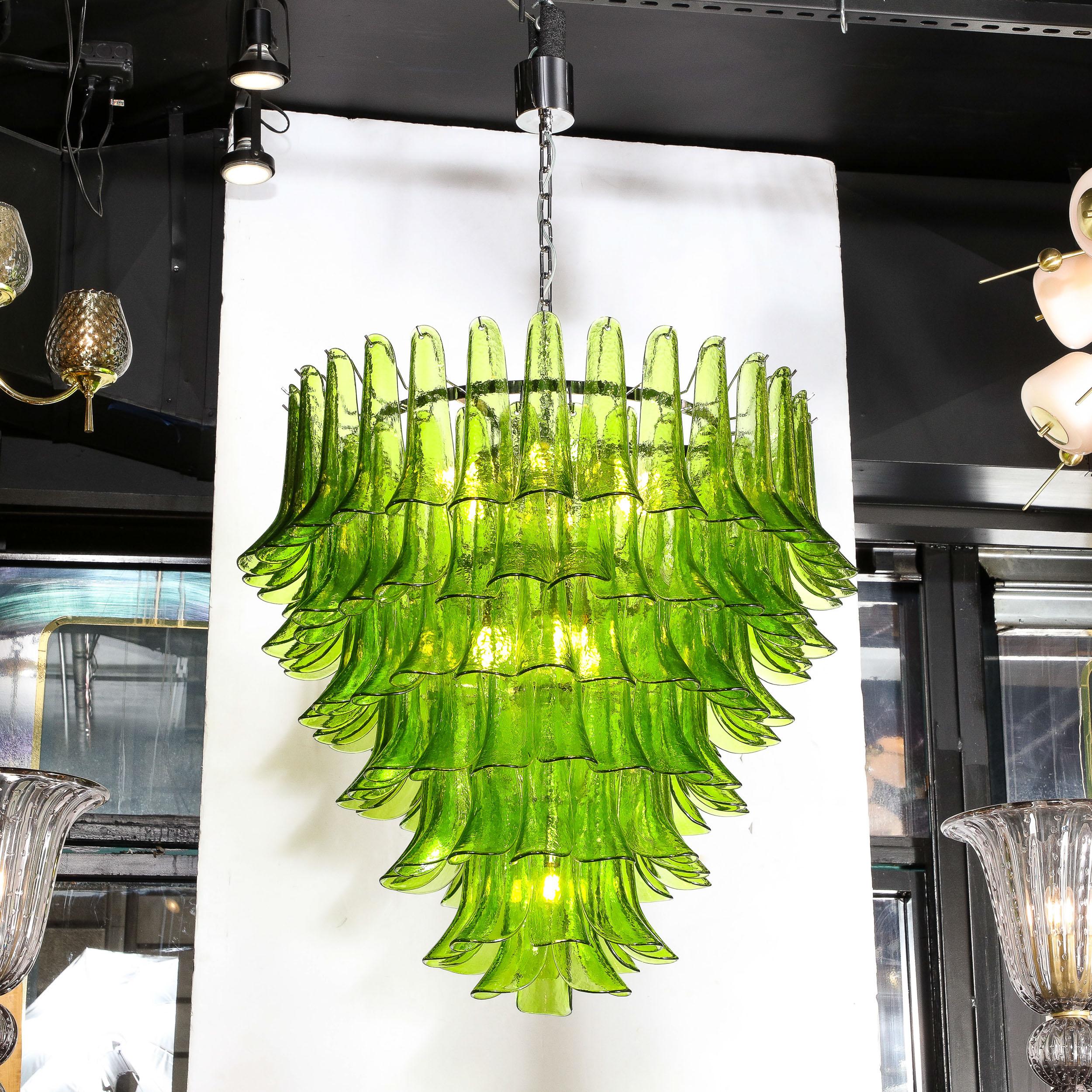Modernist Hand-Blown Peridot Murano Glass Feather Chandelier w/ Chrome Fittings For Sale 13