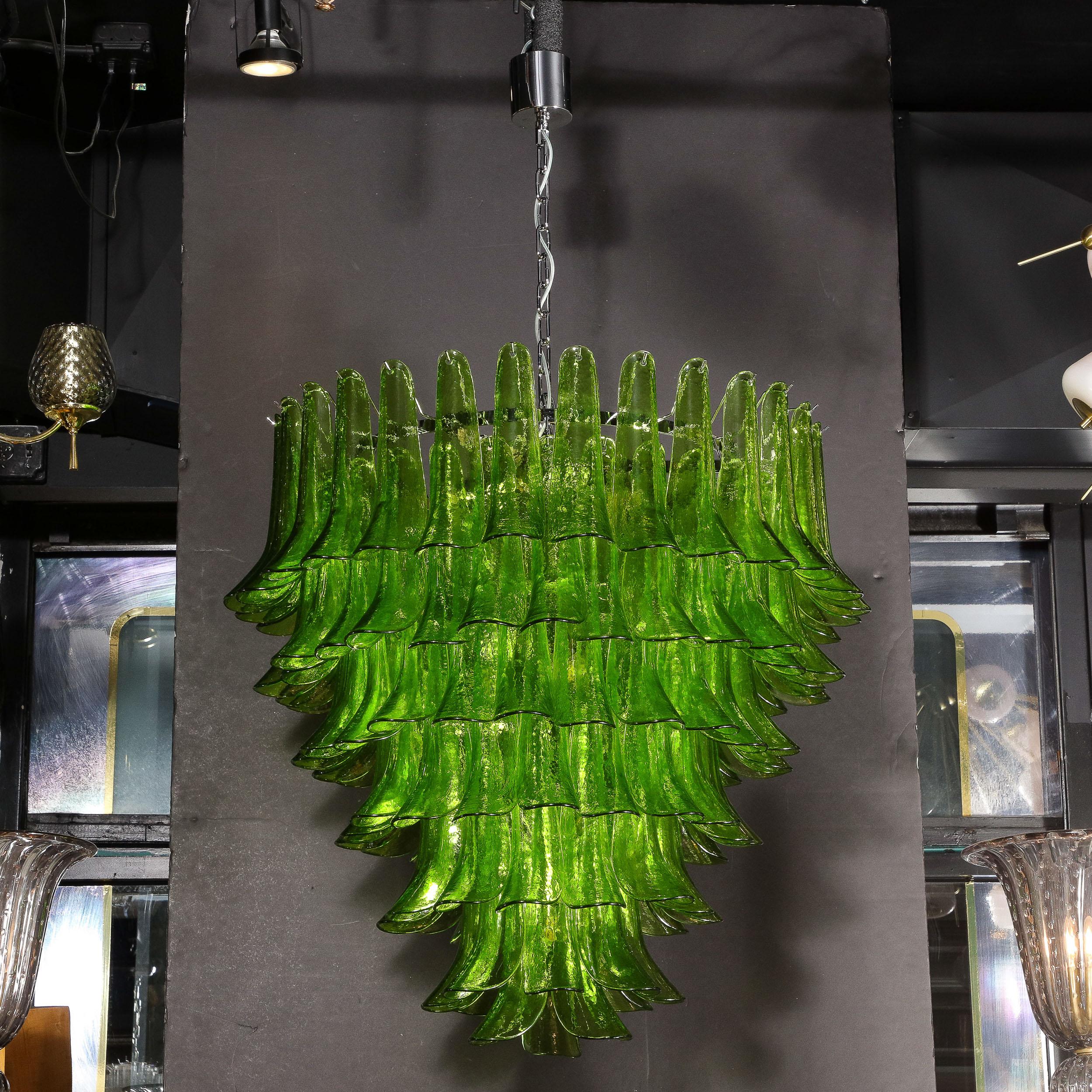Modernist Hand-Blown Peridot Murano Glass Feather Chandelier w/ Chrome Fittings For Sale 14