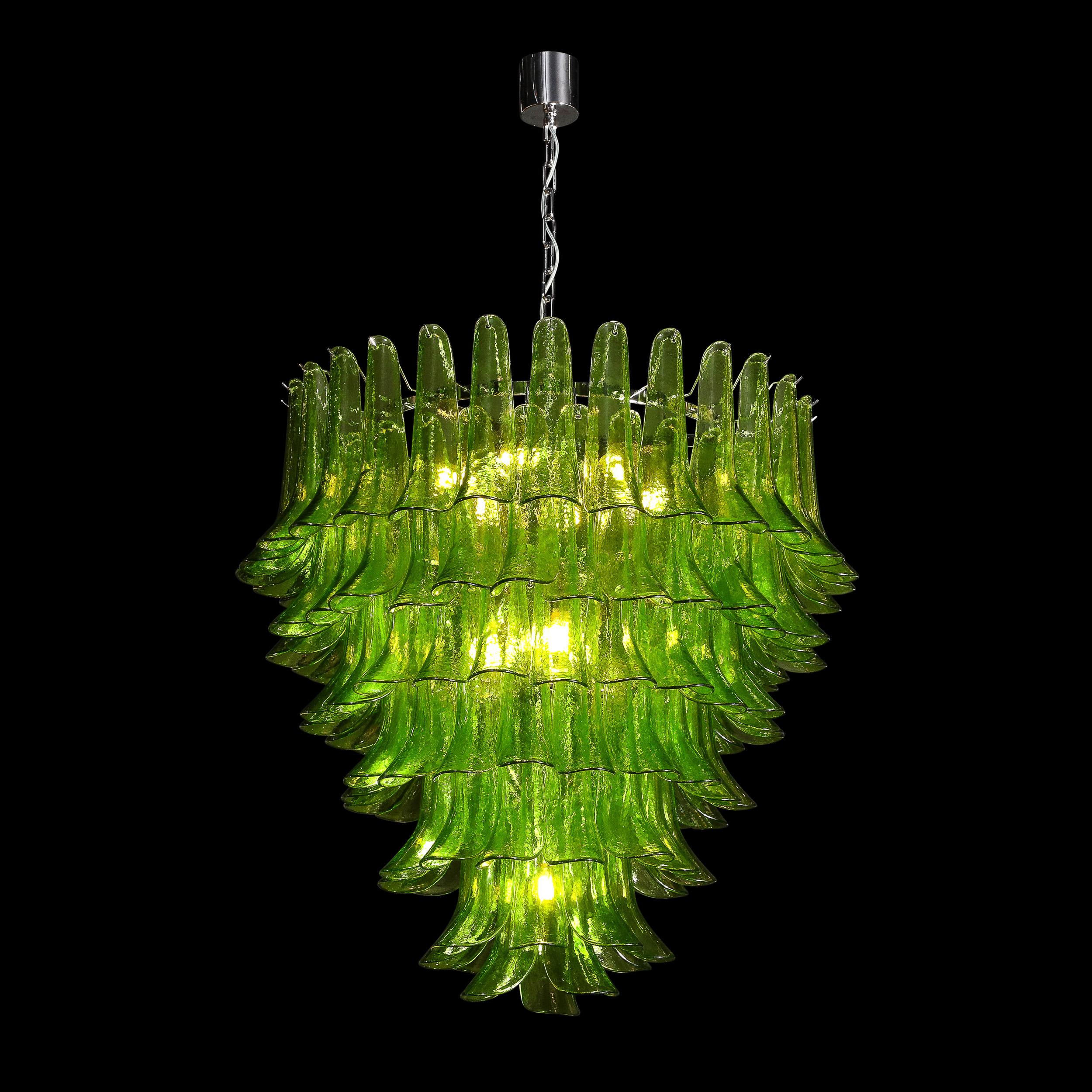 This modernist chandelier features seven tiers of cascading glass, hand-blown in Murano Italy in the 21st Century. The brilliant and powerful color density and hue, while maintaining translucence and consistent form gives each piece an unmatched