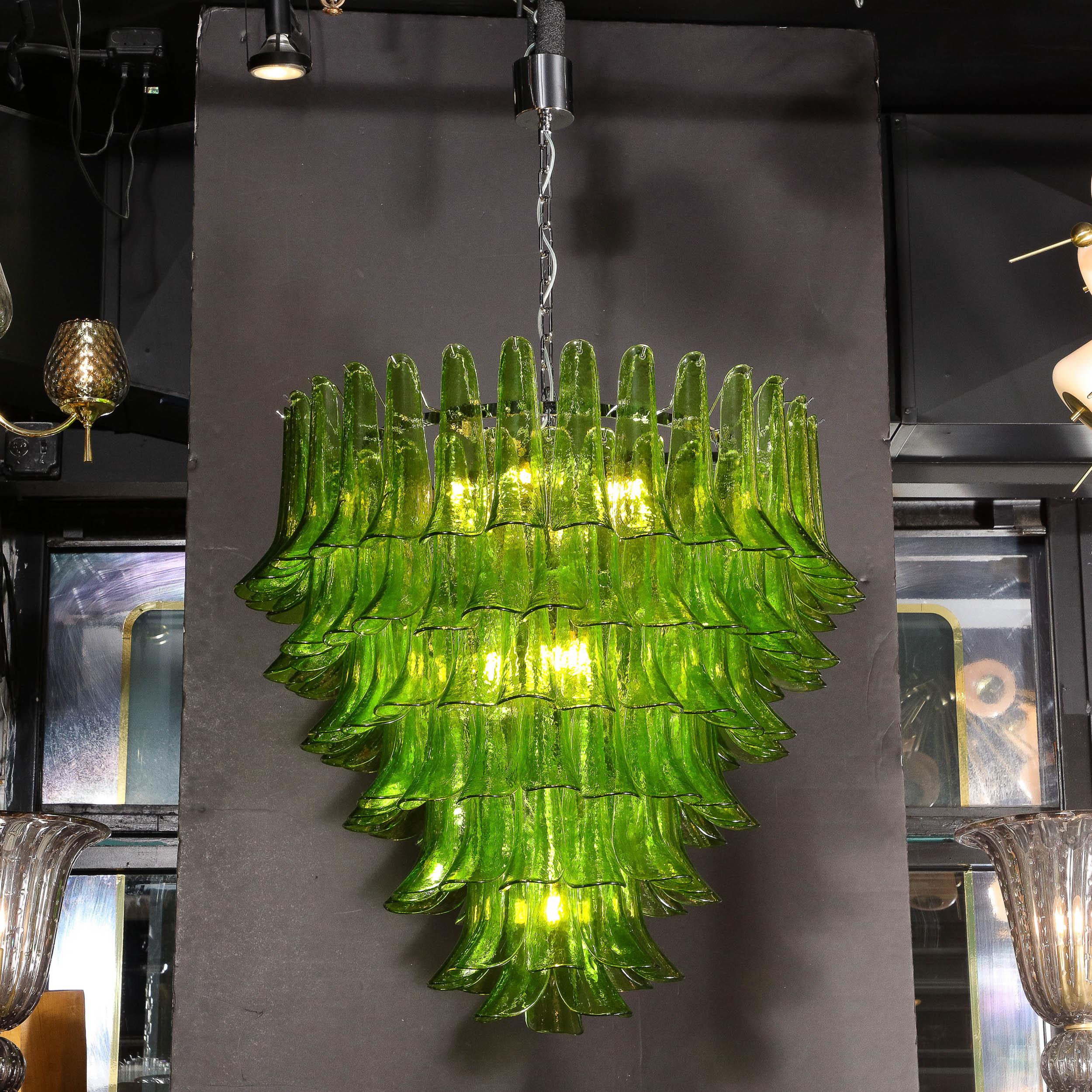 Modernist Hand-Blown Peridot Murano Glass Feather Chandelier w/ Chrome Fittings For Sale 15