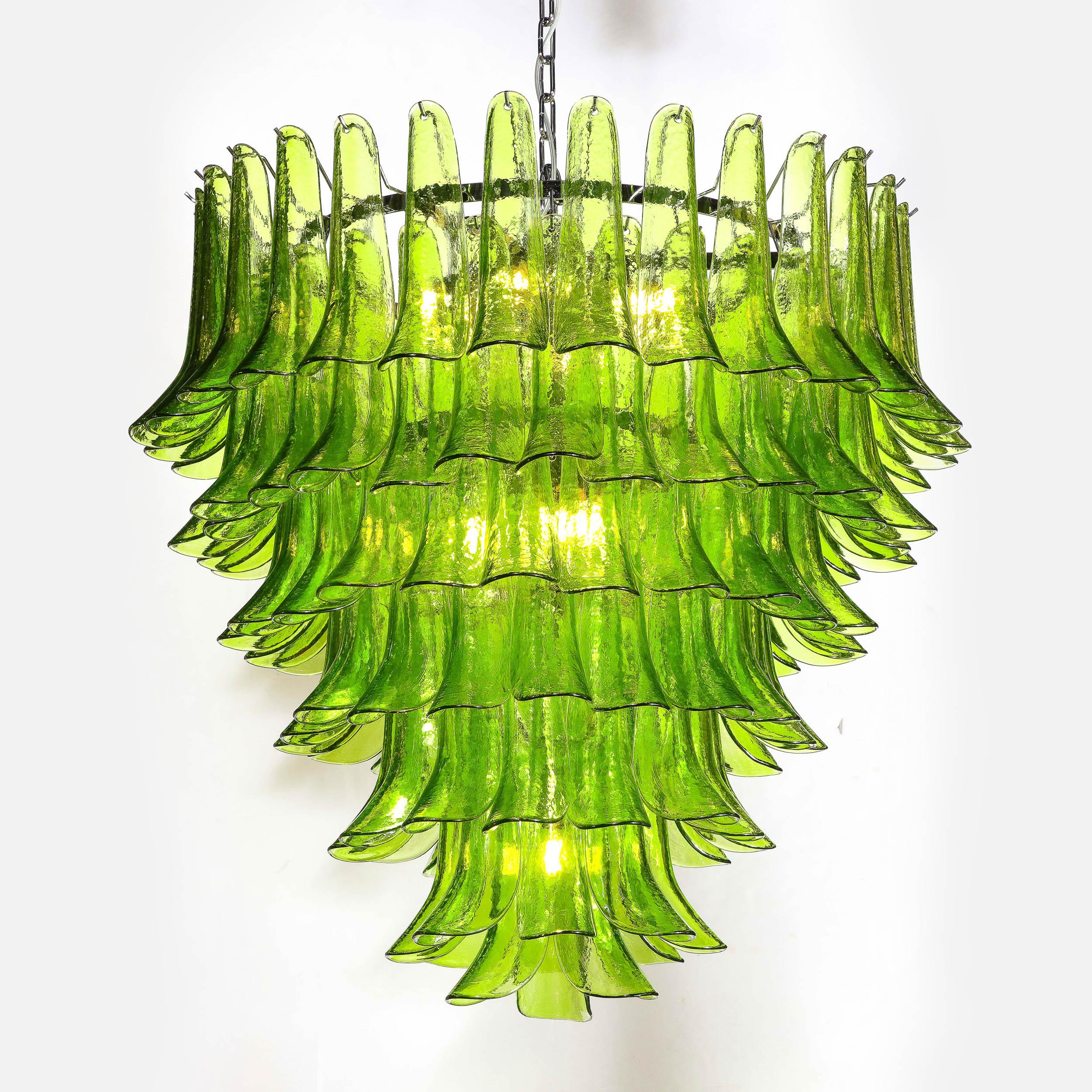 Contemporary Modernist Hand-Blown Peridot Murano Glass Feather Chandelier w/ Chrome Fittings For Sale