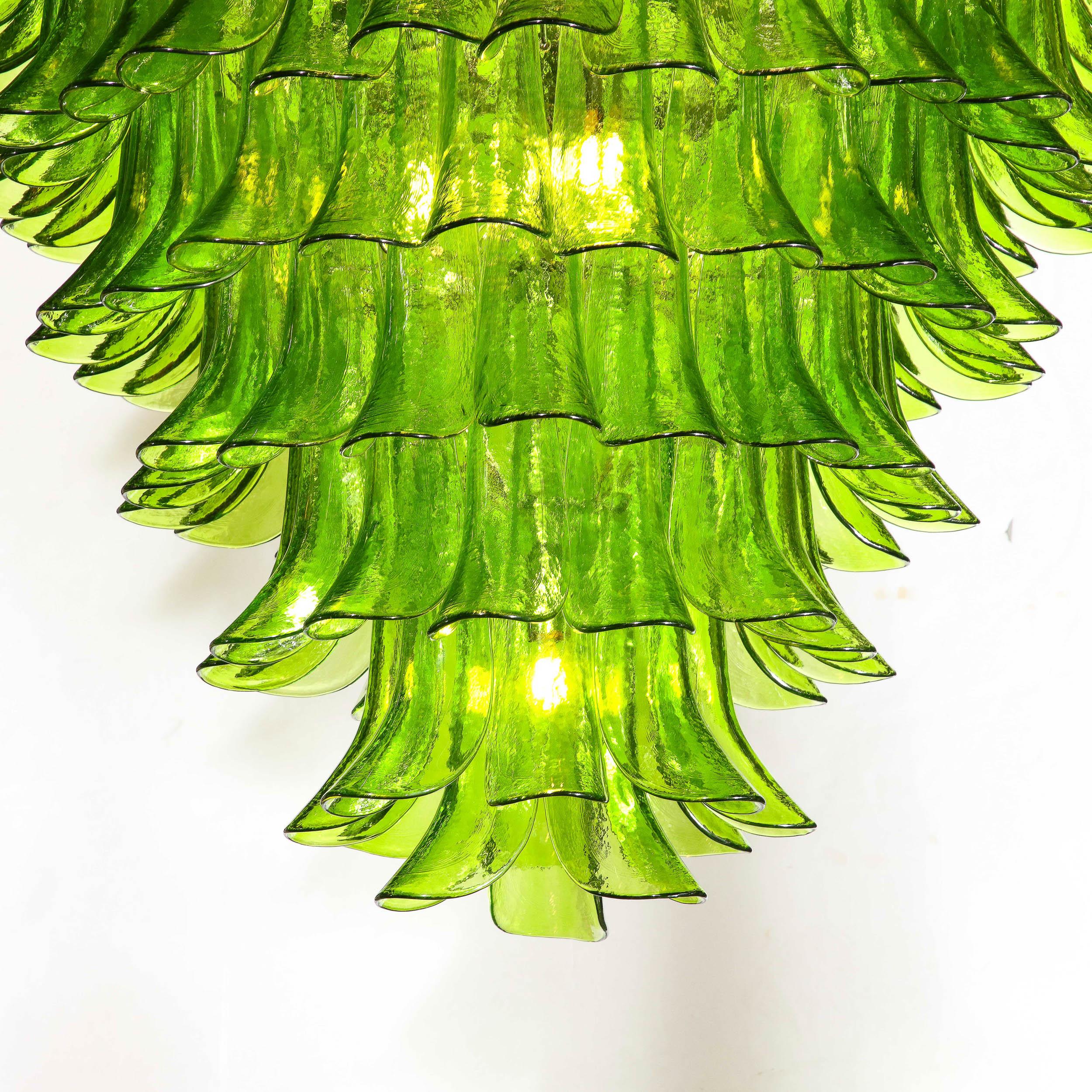 Modernist Hand-Blown Peridot Murano Glass Feather Chandelier w/ Chrome Fittings For Sale 1