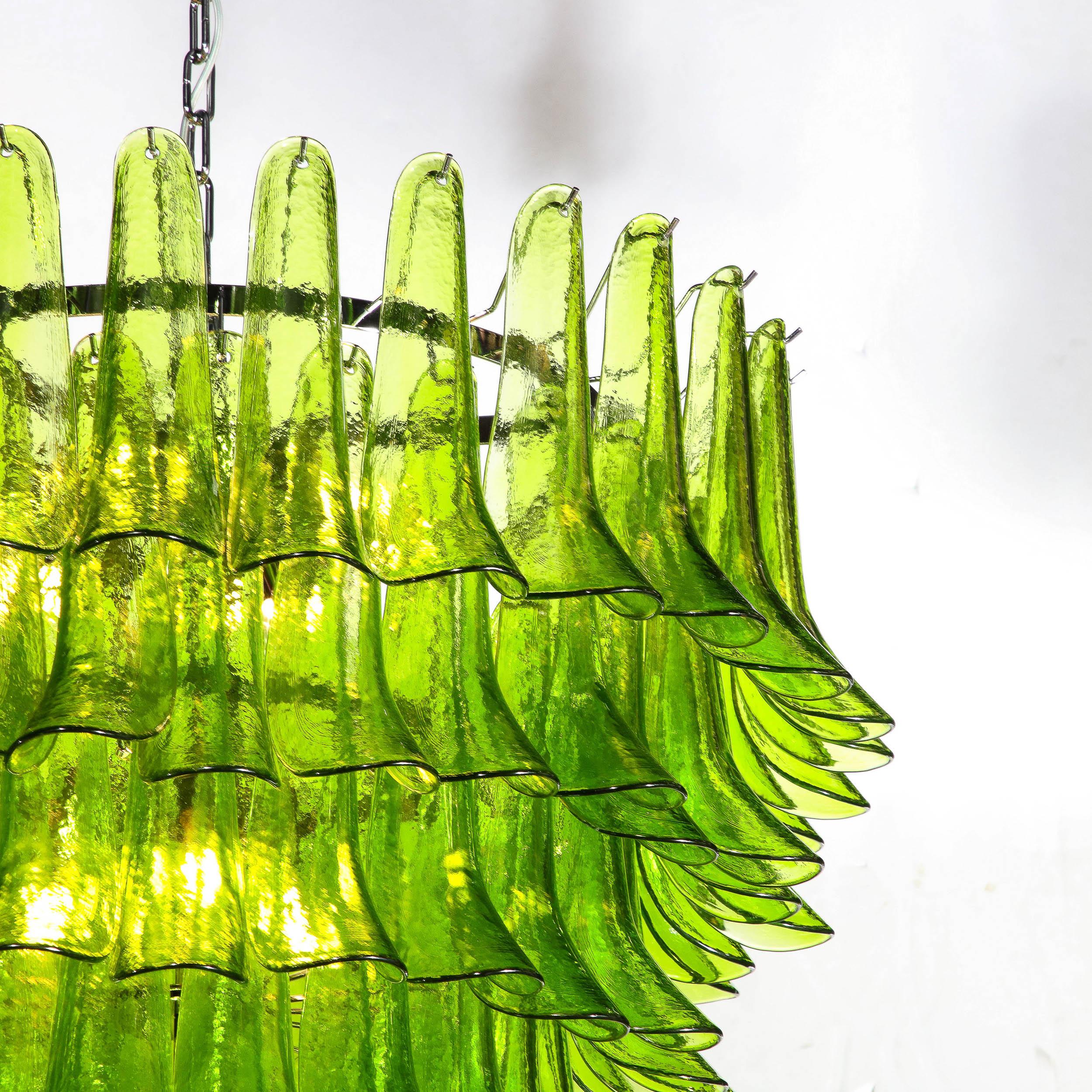 Modernist Hand-Blown Peridot Murano Glass Feather Chandelier w/ Chrome Fittings For Sale 2