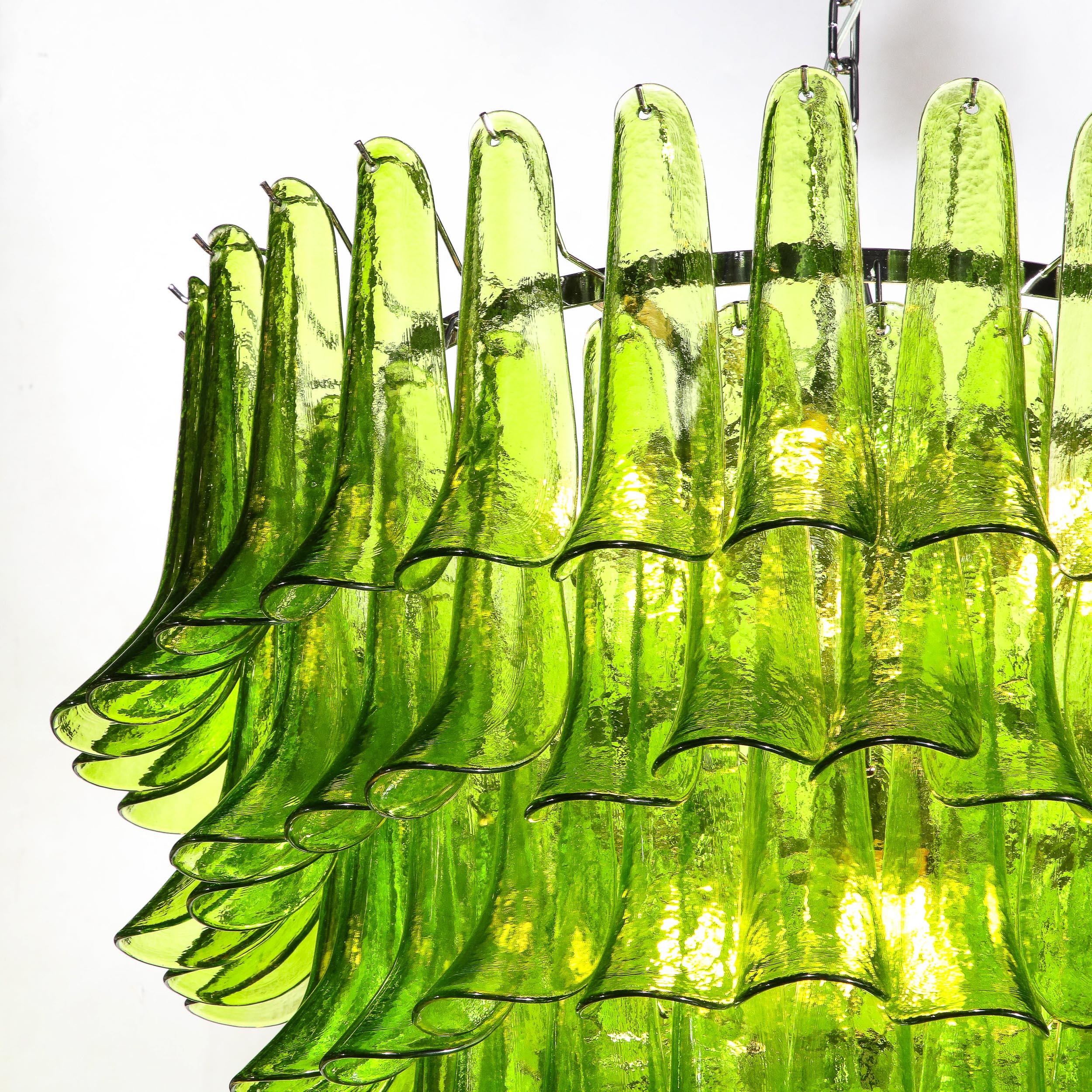 Modernist Hand-Blown Peridot Murano Glass Feather Chandelier w/ Chrome Fittings For Sale 4