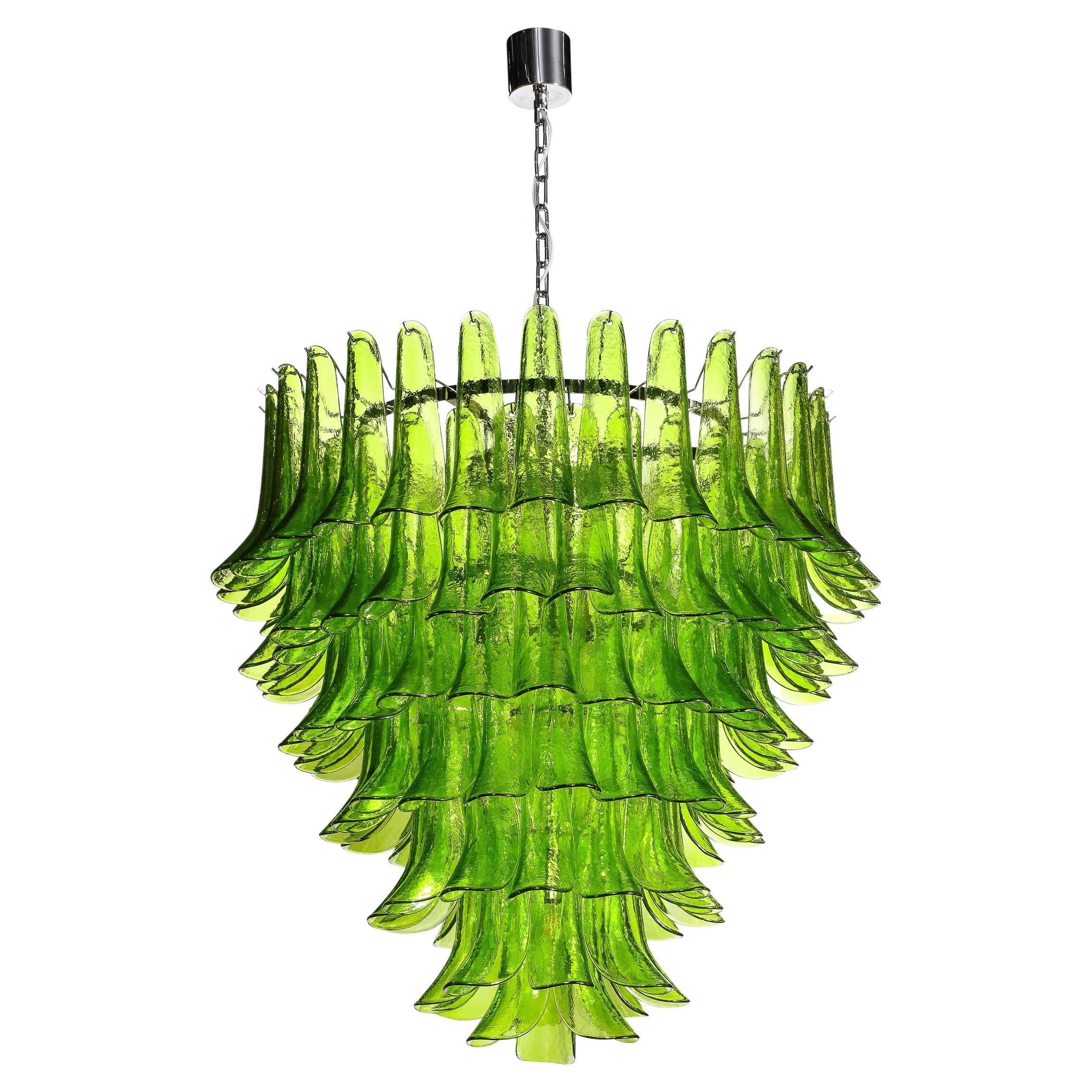 Modernist Hand-Blown Peridot Murano Glass Feather Chandelier w/ Chrome Fittings