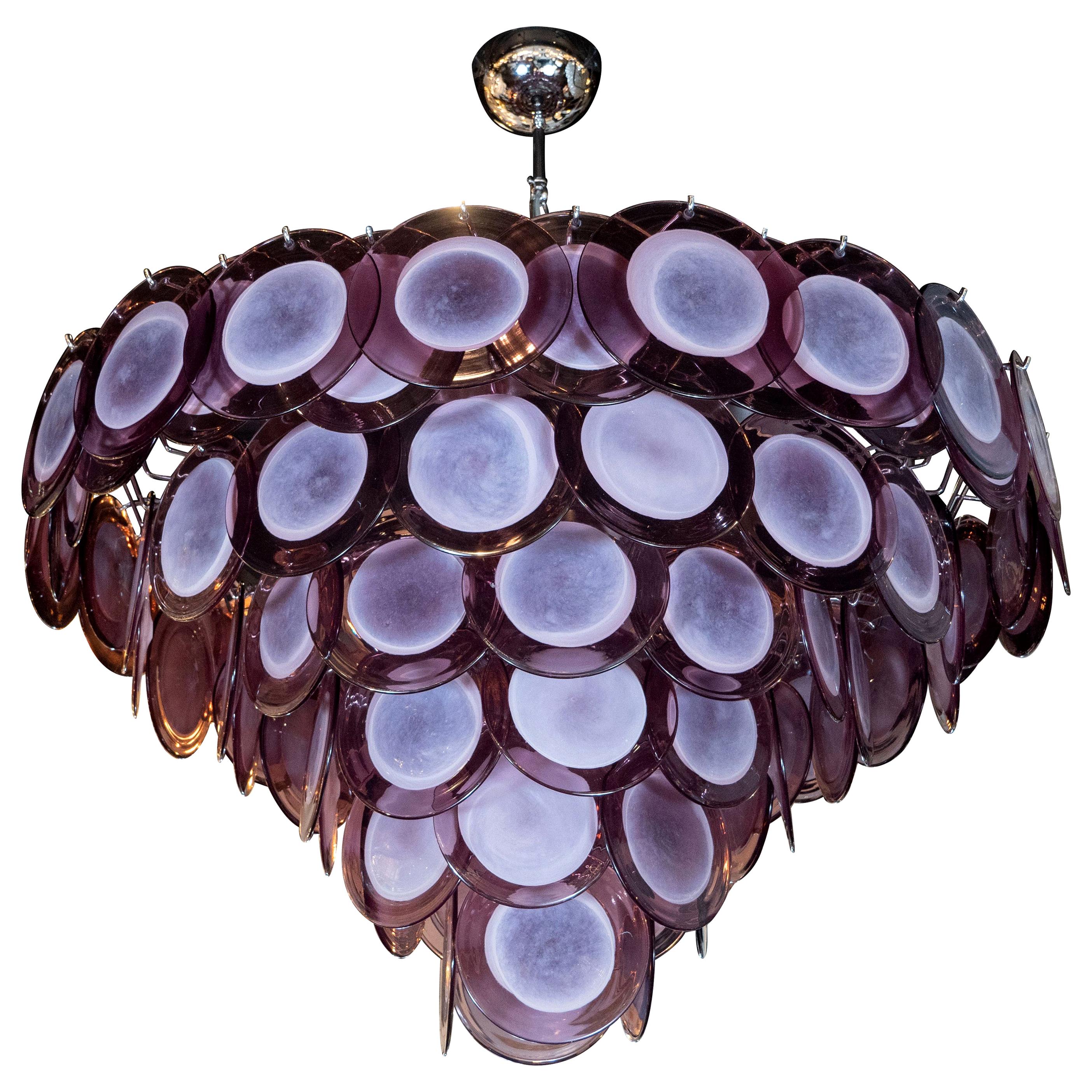 Modernist Hand Blown Plum Hued Murano Glass Chandelier with Chrome