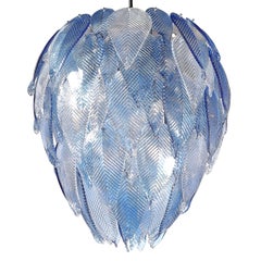 Modernist Hand-Blown Reeded Blue & Clear Murano Glass Leaf Chandelier w/ Chrome