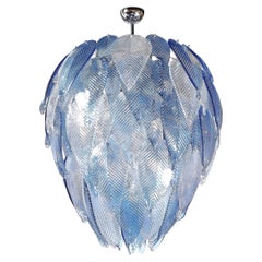 Modernist Hand-Blown Reeded Blue & Clear Murano Glass Leaf Chandelier w/ Chrome