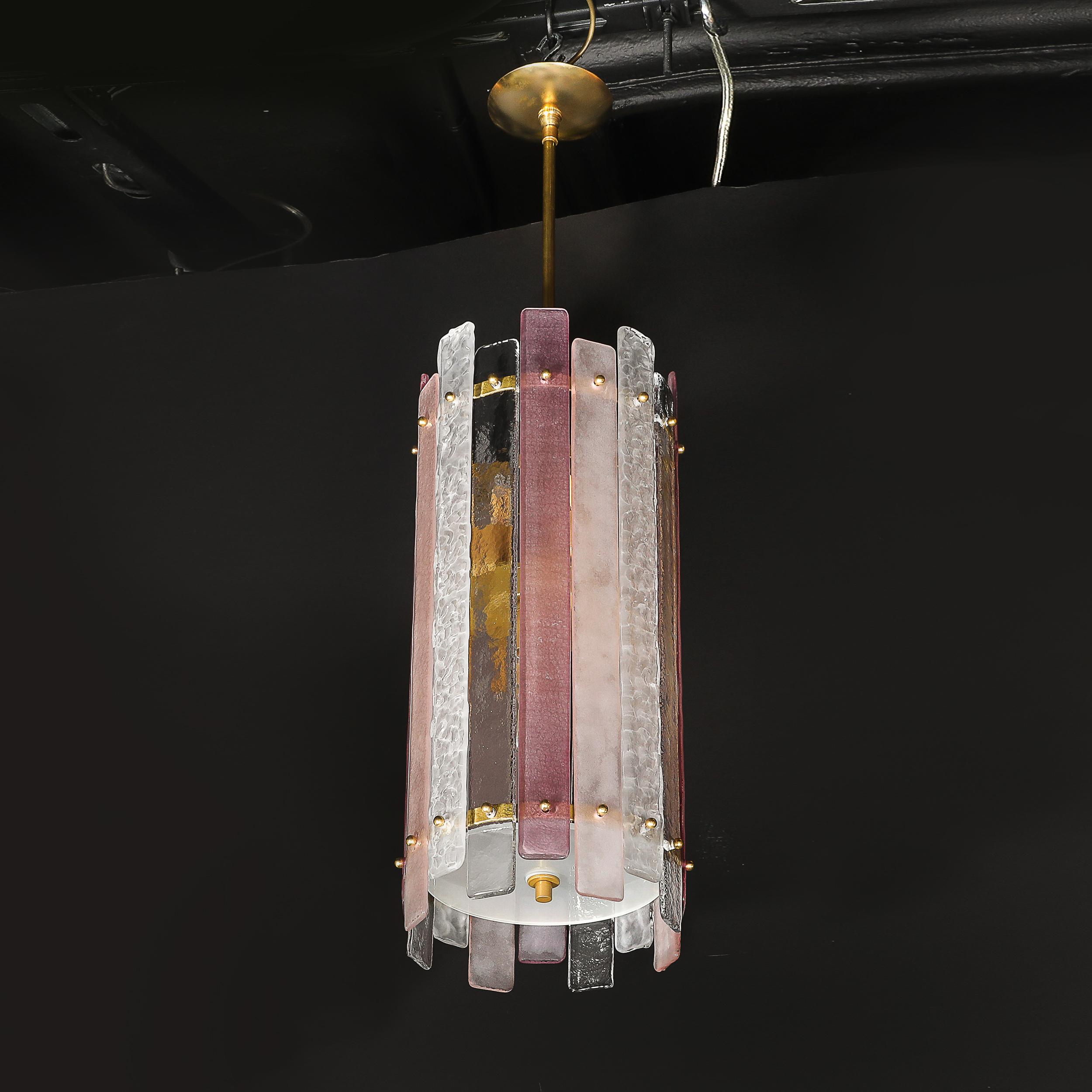 Modernistischer mundgeblasener zylindrischer Kronleuchter aus rosa und klarem Murano-Glas im Angebot 4