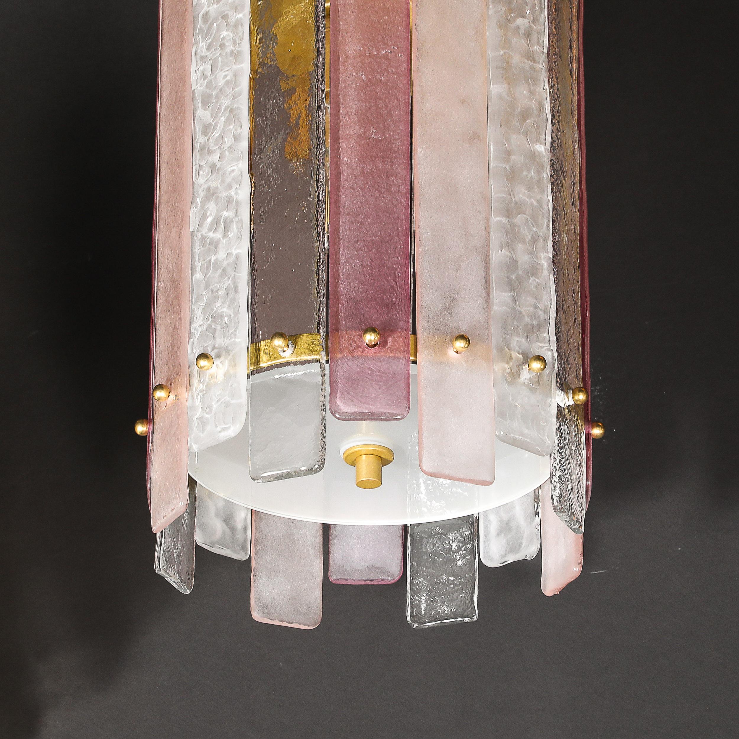 Modernistischer mundgeblasener zylindrischer Kronleuchter aus rosa und klarem Murano-Glas im Angebot 5
