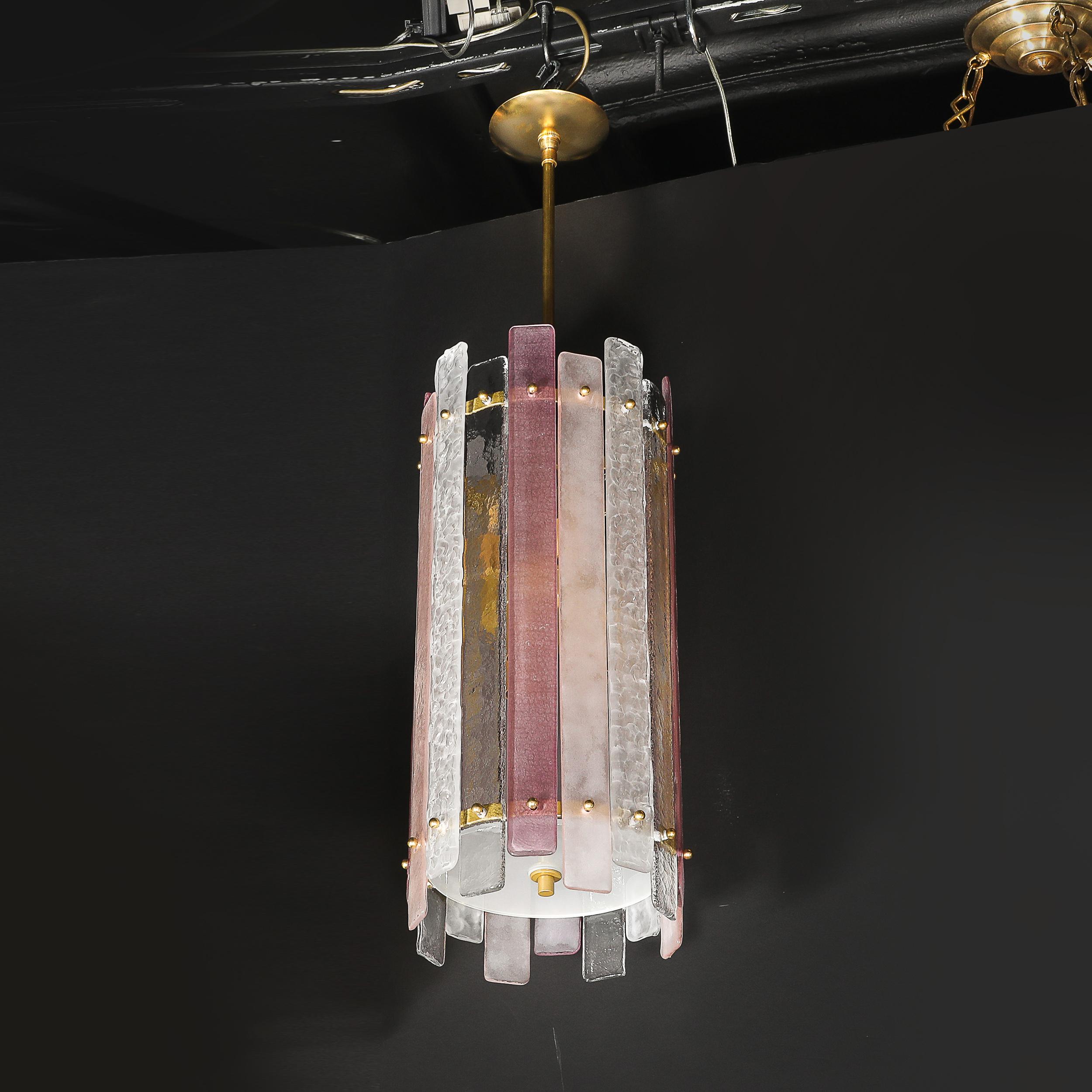 Modernistischer mundgeblasener zylindrischer Kronleuchter aus rosa und klarem Murano-Glas im Angebot 6