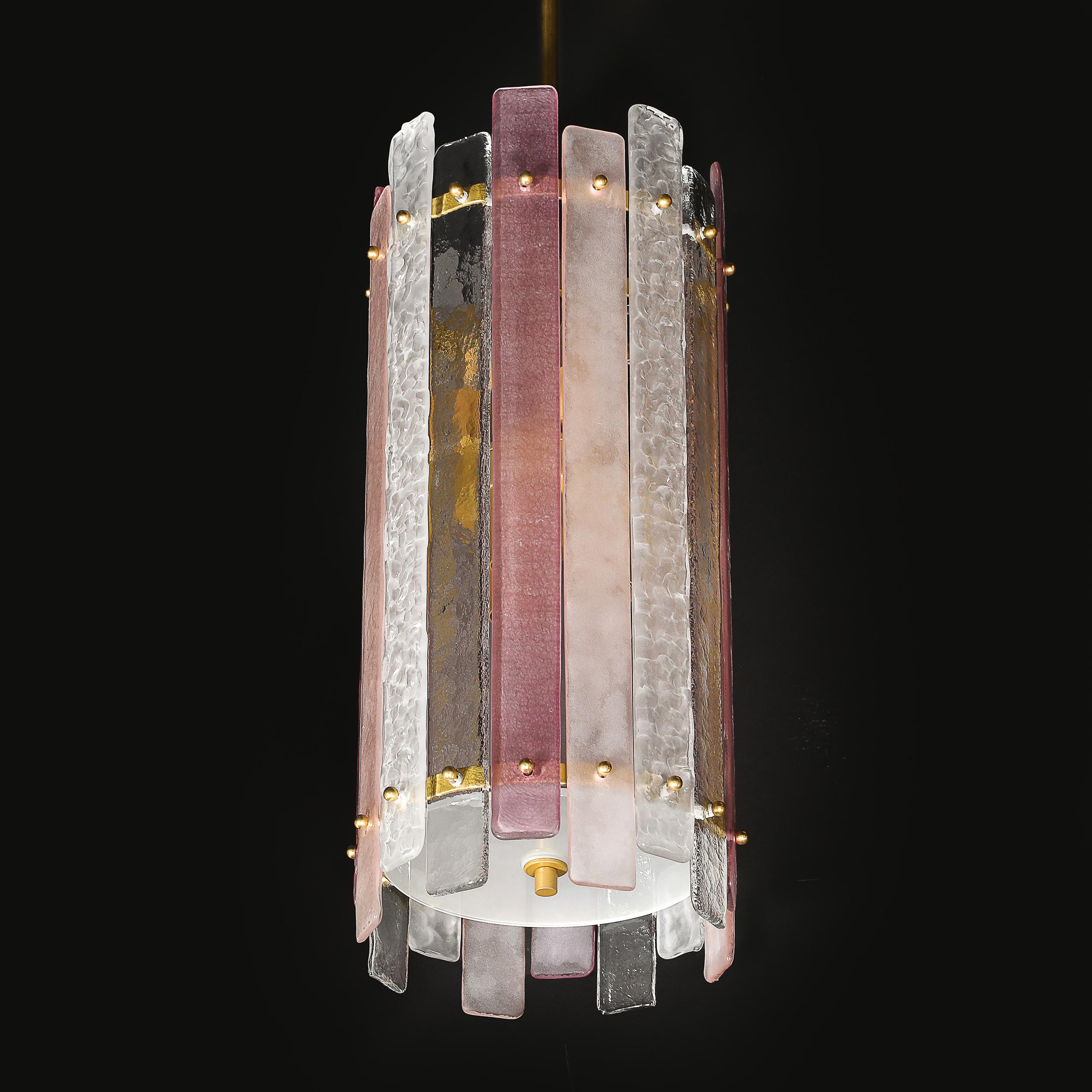 Modernistischer mundgeblasener zylindrischer Kronleuchter aus rosa und klarem Murano-Glas im Angebot 7