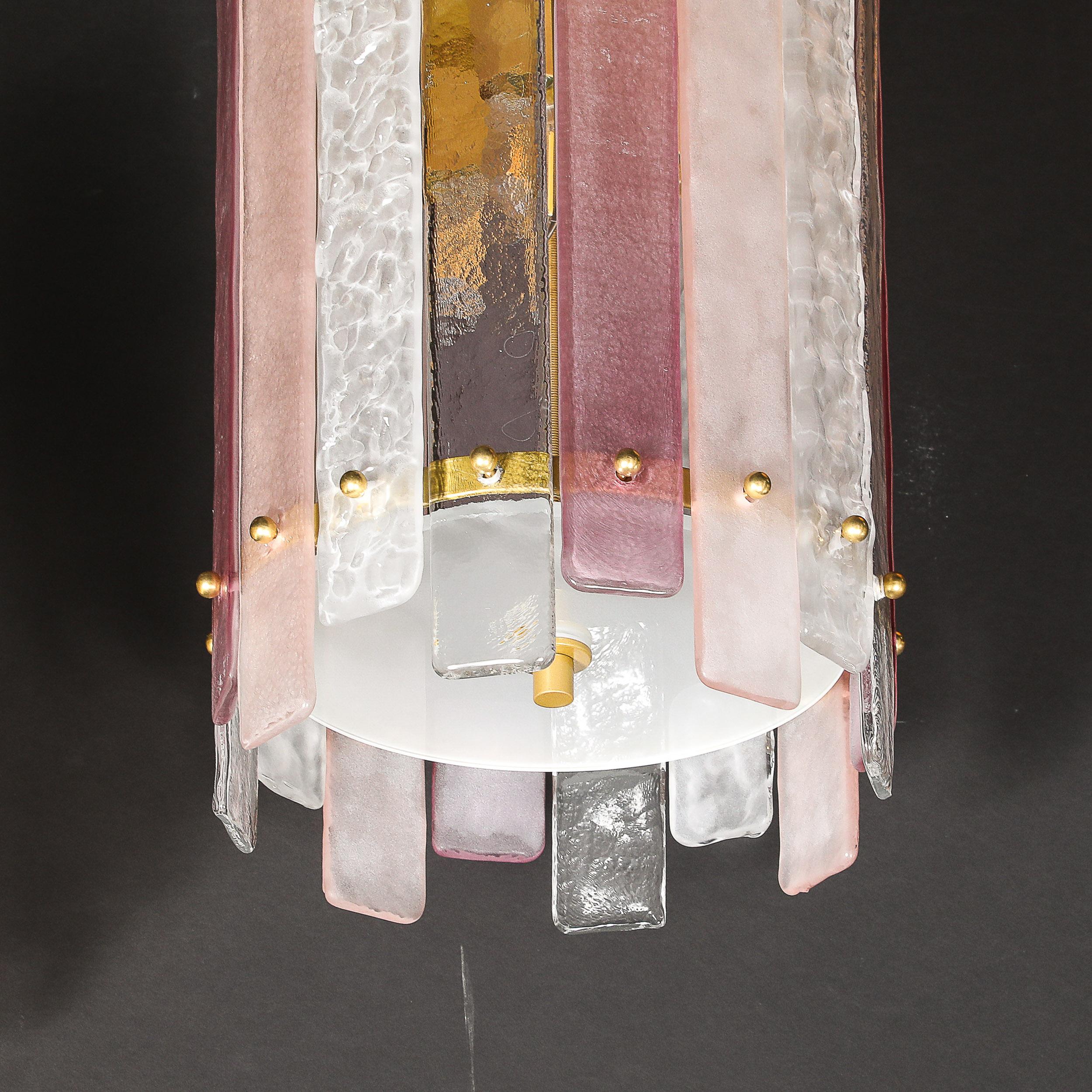 Modernistischer mundgeblasener zylindrischer Kronleuchter aus rosa und klarem Murano-Glas im Angebot 8