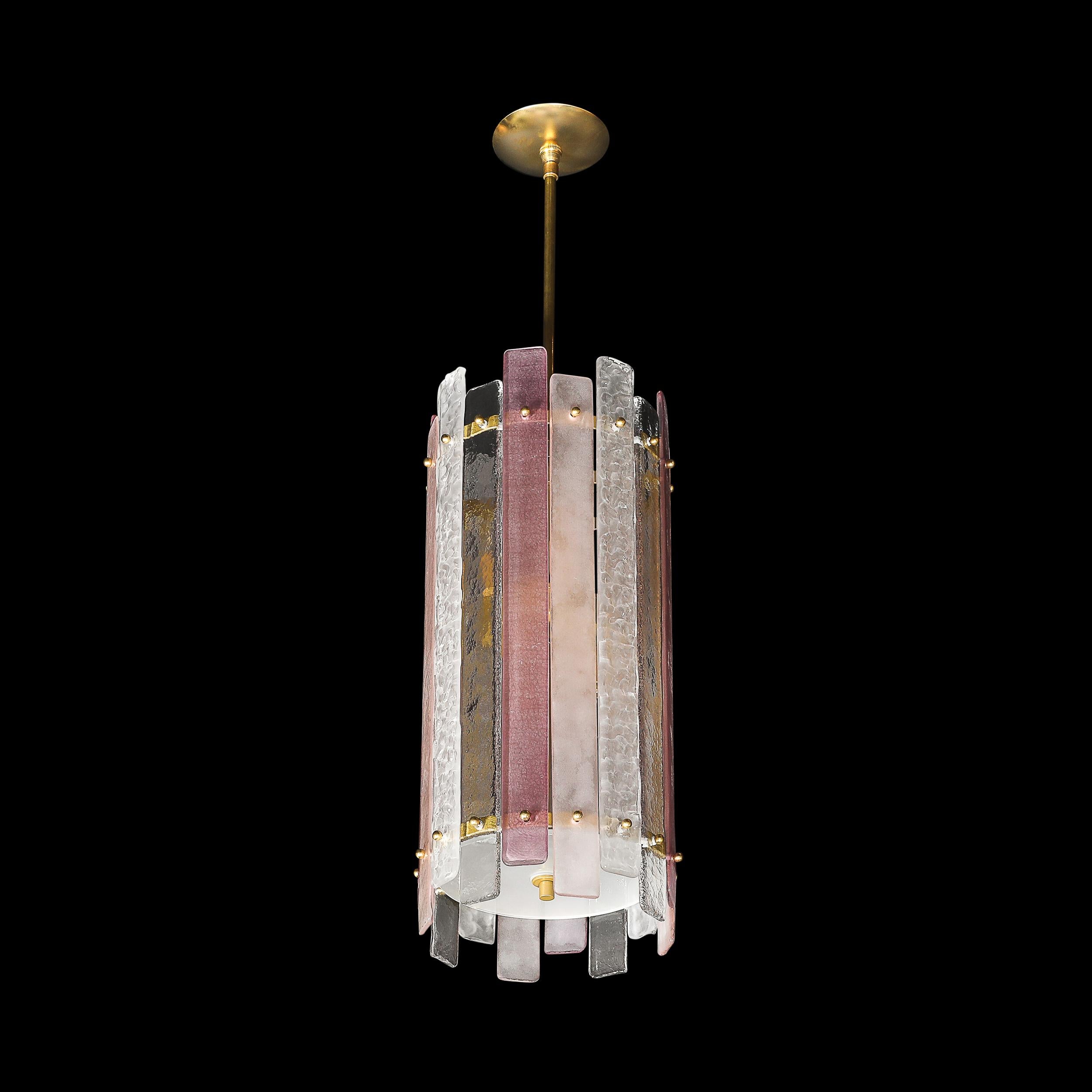 Modernistischer mundgeblasener zylindrischer Kronleuchter aus rosa und klarem Murano-Glas im Angebot 9