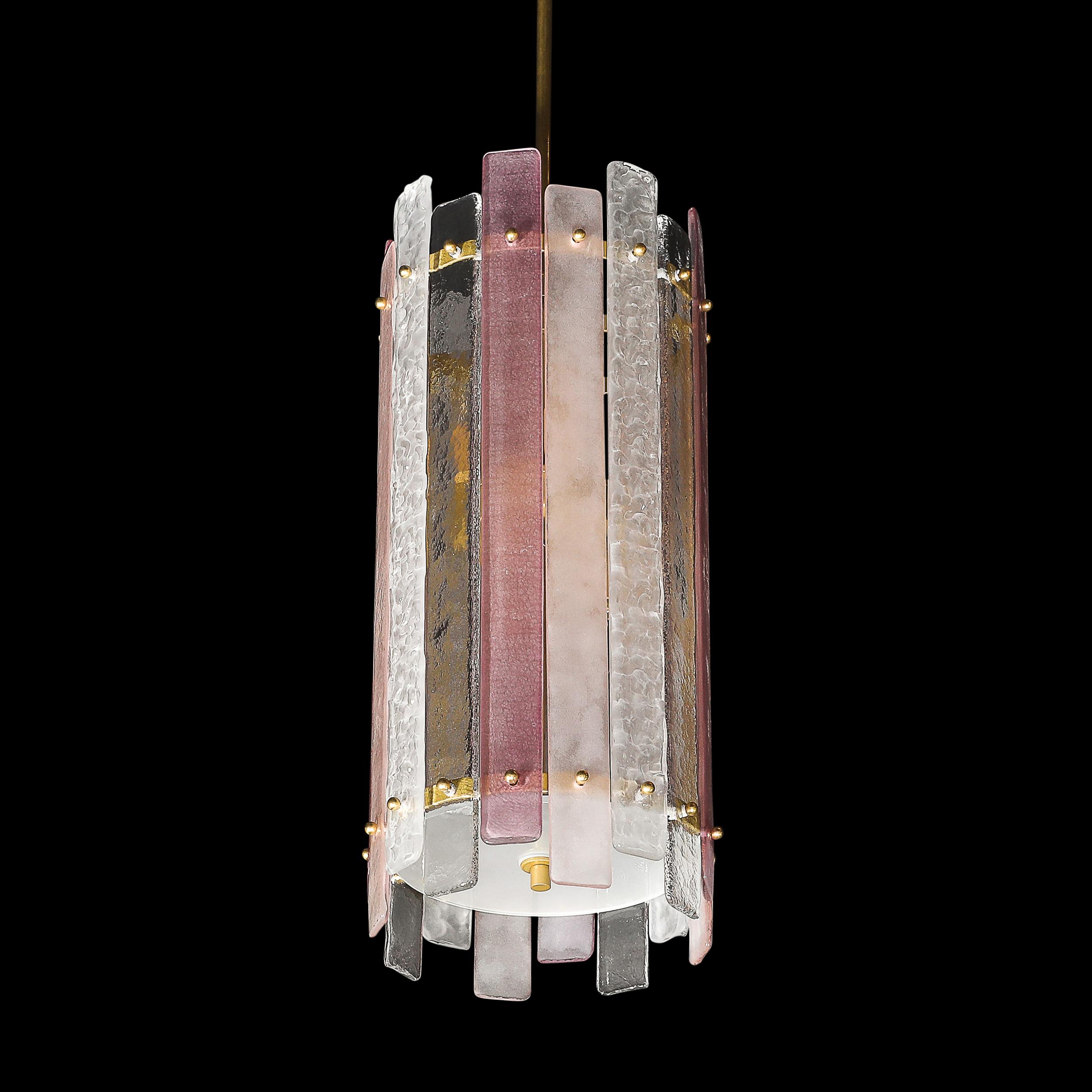 Modernistischer mundgeblasener zylindrischer Kronleuchter aus rosa und klarem Murano-Glas im Angebot 10