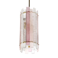 Modernist Hand-Blown Rose and Clear Murano Glass Paneled Cylindrical Chandelier