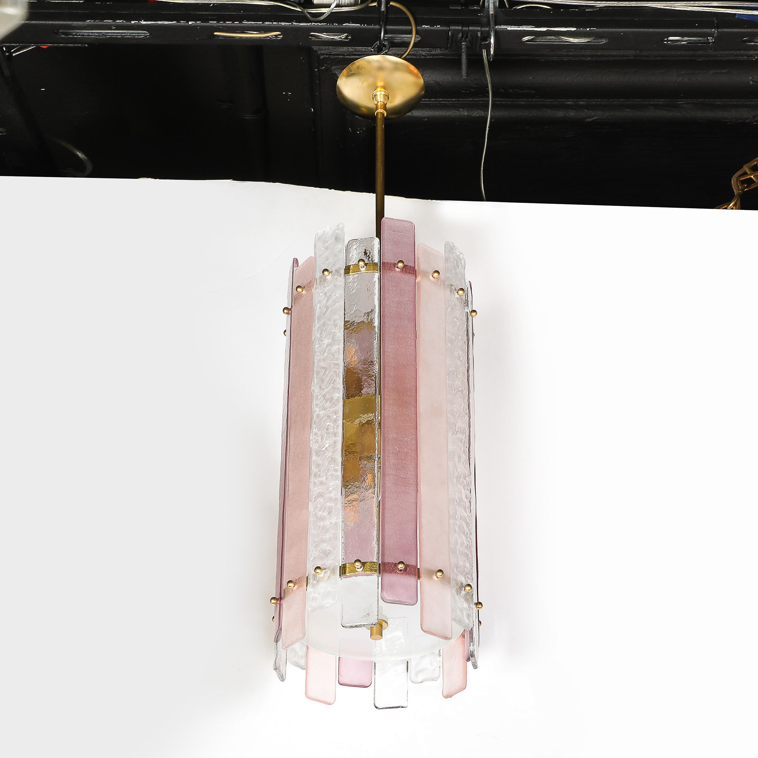 Modernistischer mundgeblasener zylindrischer Kronleuchter aus rosa und klarem Murano-Glas im Angebot 2