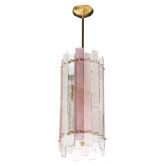 Modernistischer mundgeblasener zylindrischer Kronleuchter aus rosa und klarem Murano-Glas