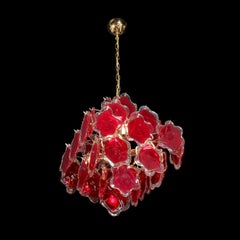 Modernist Hand-Blown Ruby Murano Glass Pagoda Form Organic Disc Chandelier
