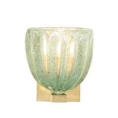 Modernist Hand-Blown Sea Green Fluted Pulegoso Murano Glass & Brass Sconces