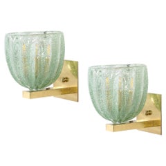 Modernist Hand-Blown Sea Green Fluted Pulegoso Murano Glass & Brass Sconces