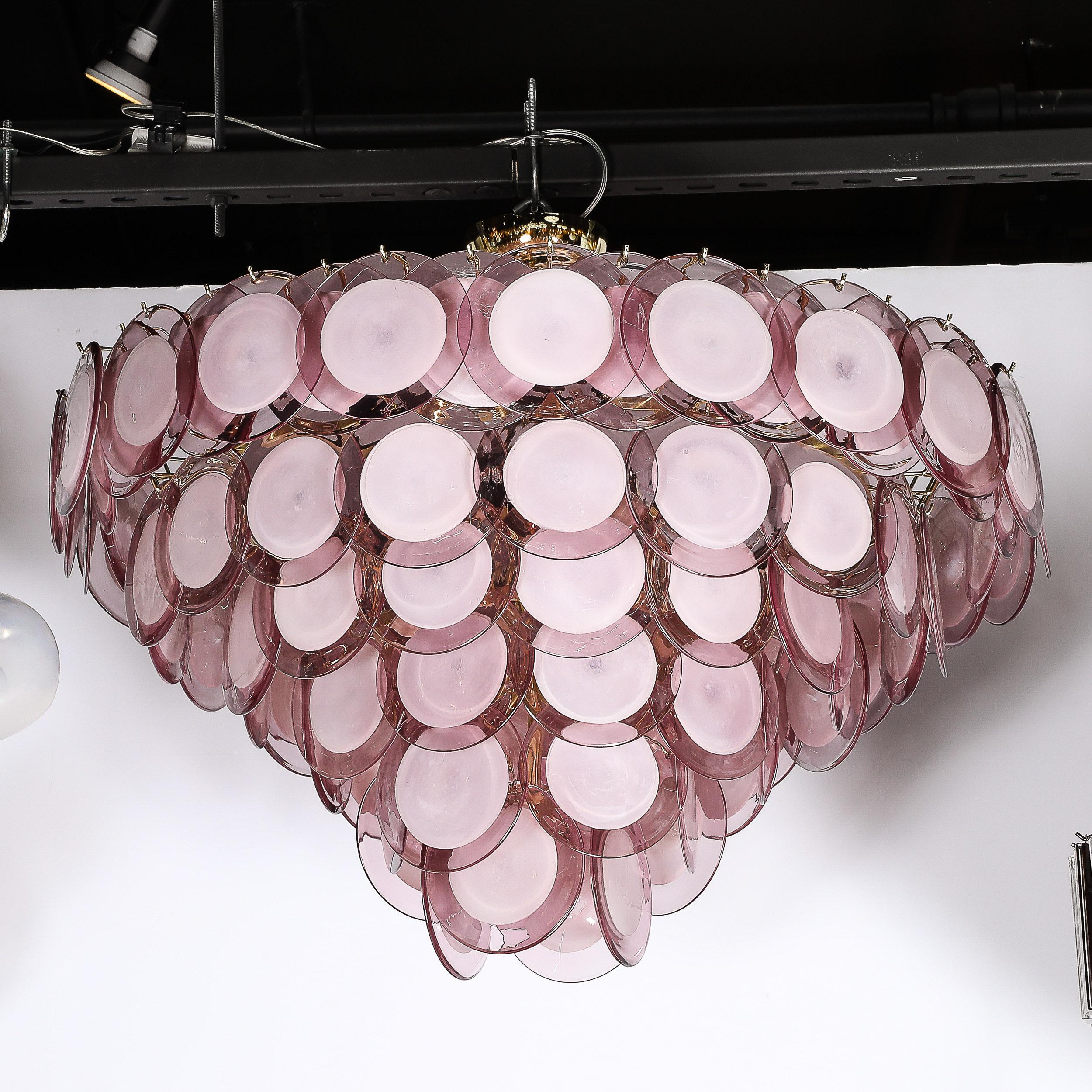 Lustre moderne à disque à 6 branches en laiton et Murano soufflé à la main en améthyste fumée en vente 3