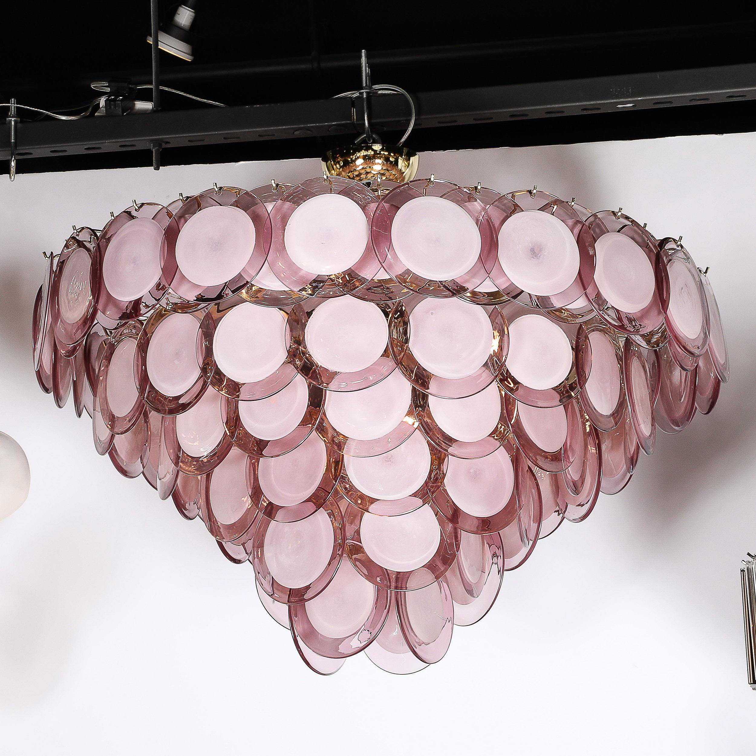 italien Lustre moderne à disque à 6 branches en laiton et Murano soufflé à la main en améthyste fumée en vente