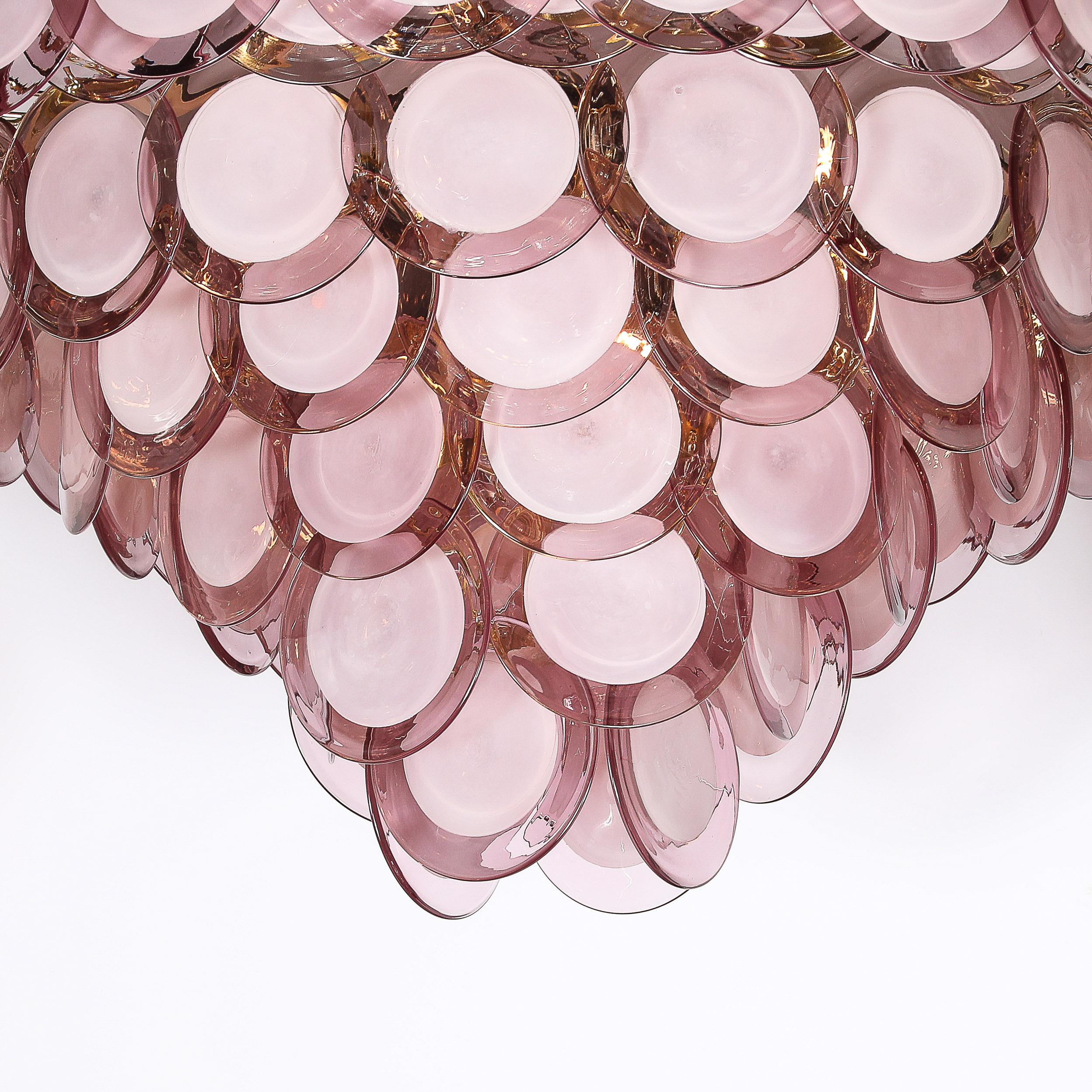 Lustre moderne à disque à 6 branches en laiton et Murano soufflé à la main en améthyste fumée Excellent état - En vente à New York, NY