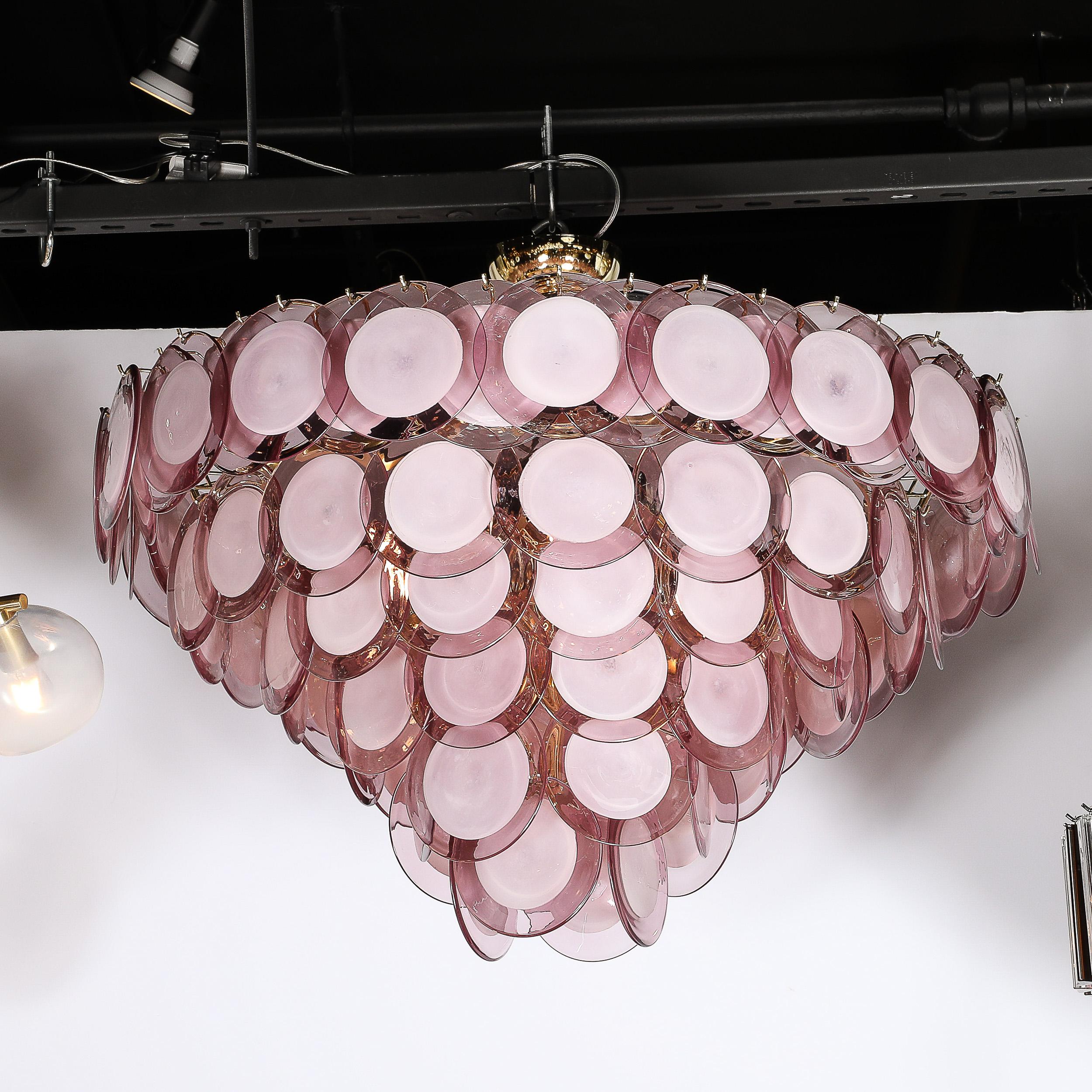 Lustre moderne à disque à 6 branches en laiton et Murano soufflé à la main en améthyste fumée en vente 1