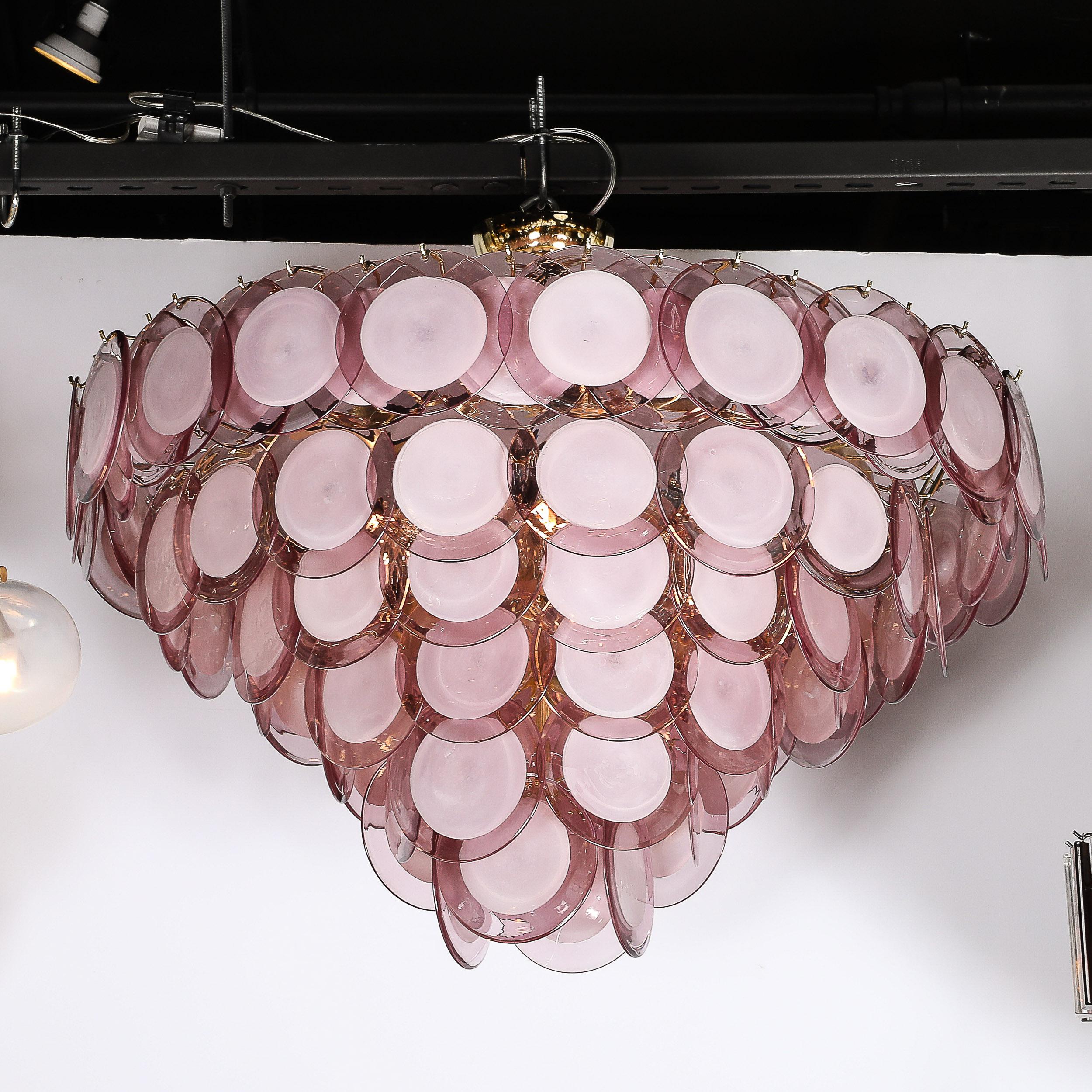 Lustre moderne à disque à 6 branches en laiton et Murano soufflé à la main en améthyste fumée en vente 2
