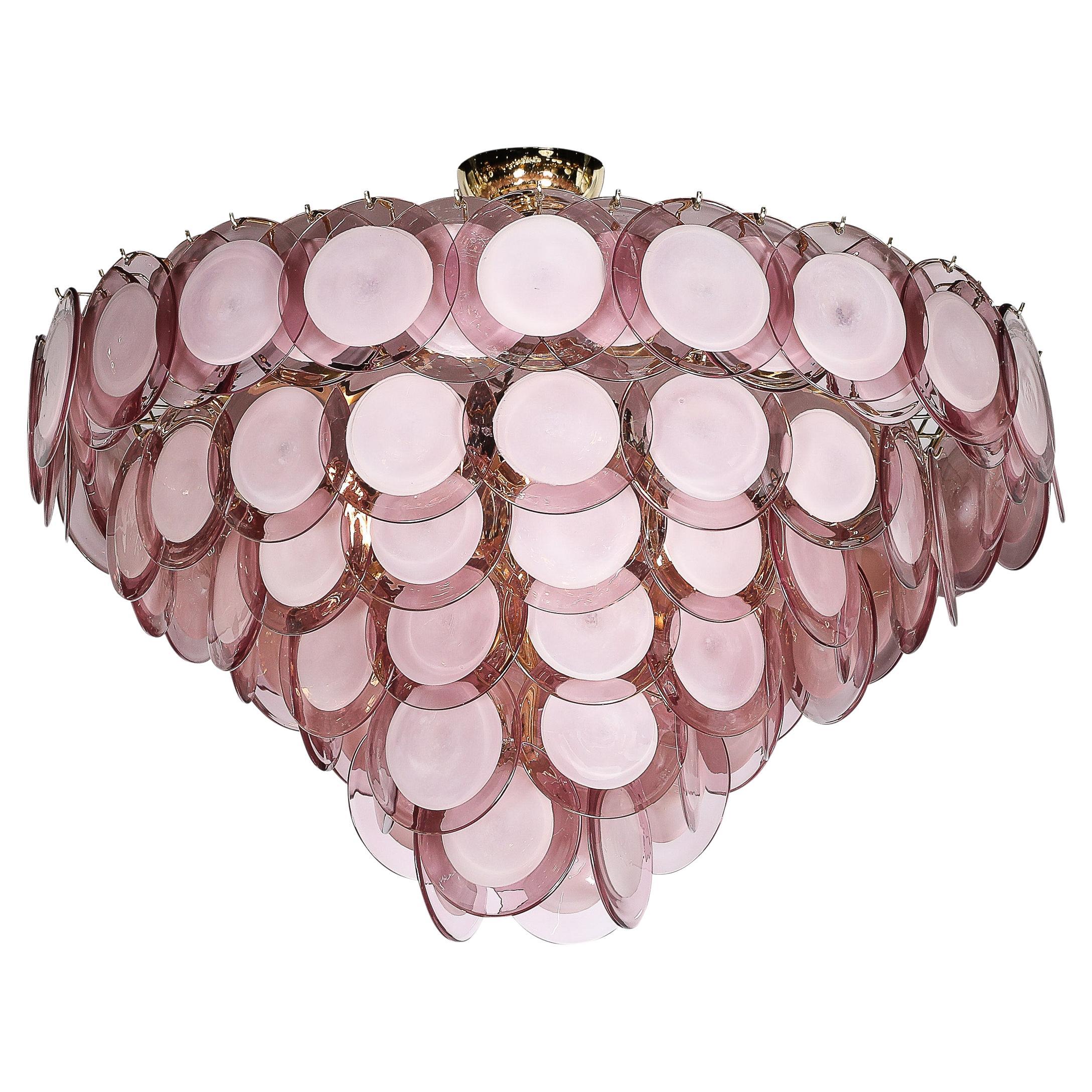 Modernist Hand-Blown Smoked Amethyst Murano & Brass 6-Tier Disc Chandelier