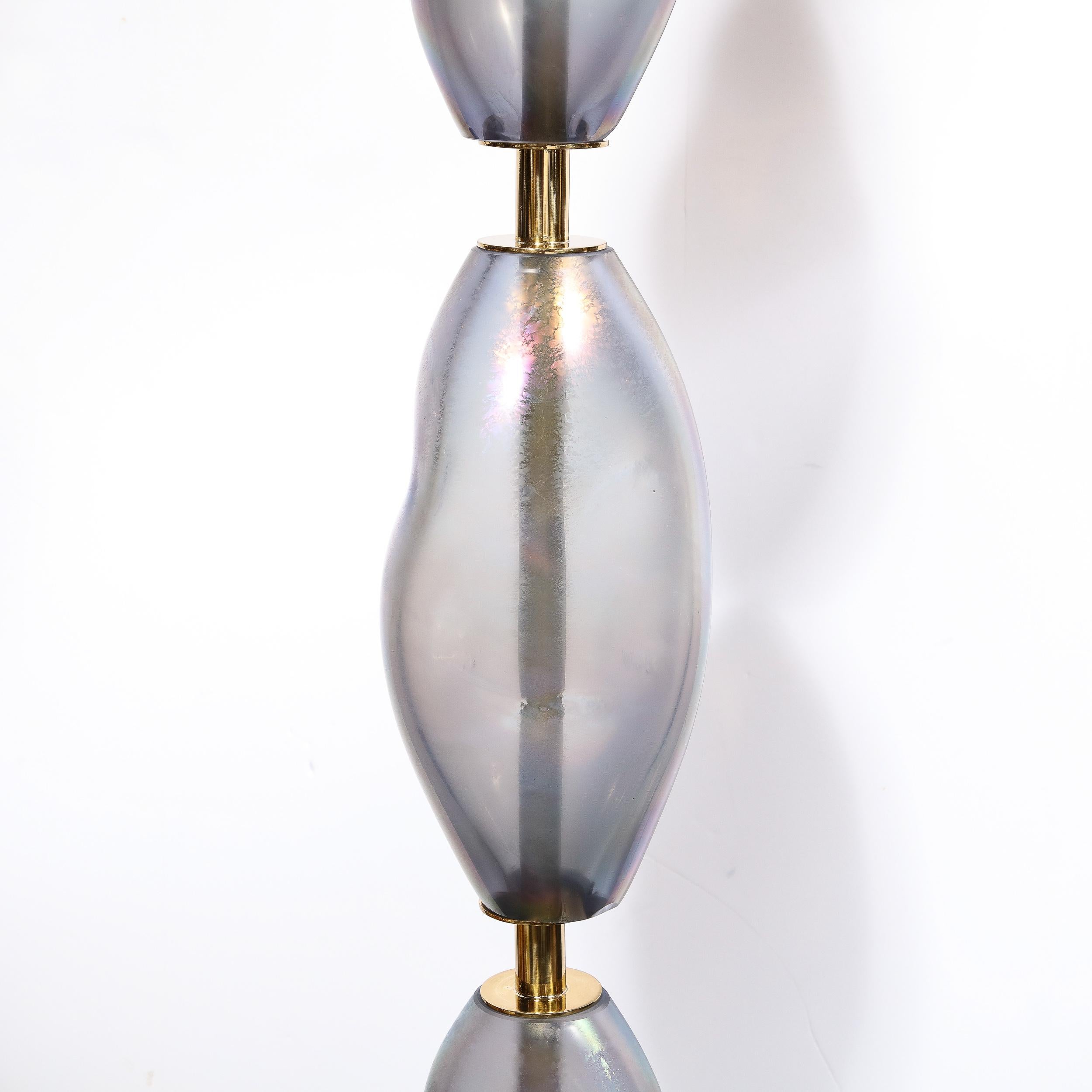 Moderne Torchère moderniste soufflée à la main en verre de Murano cobalt fumé et laiton en vente