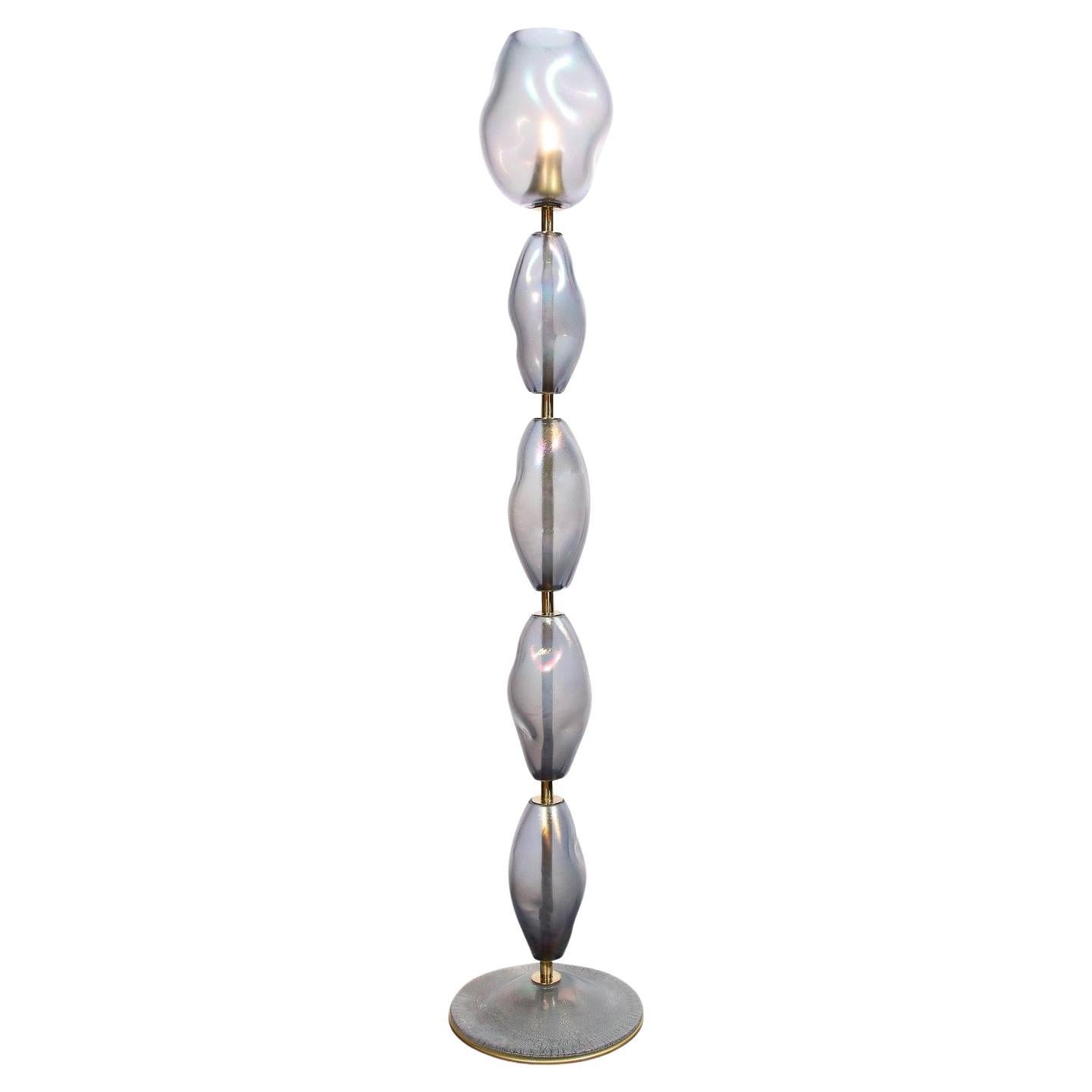 Modernist Hand-Blown Smoked Cobalt Murano Glass & Brass Torchiere