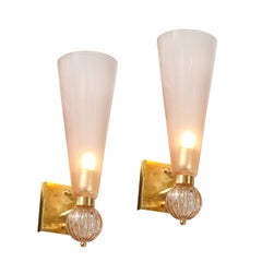 Modernist Hand-Blown Smoked Garnet Conical Murano Glass & Orbital Drop Sconces