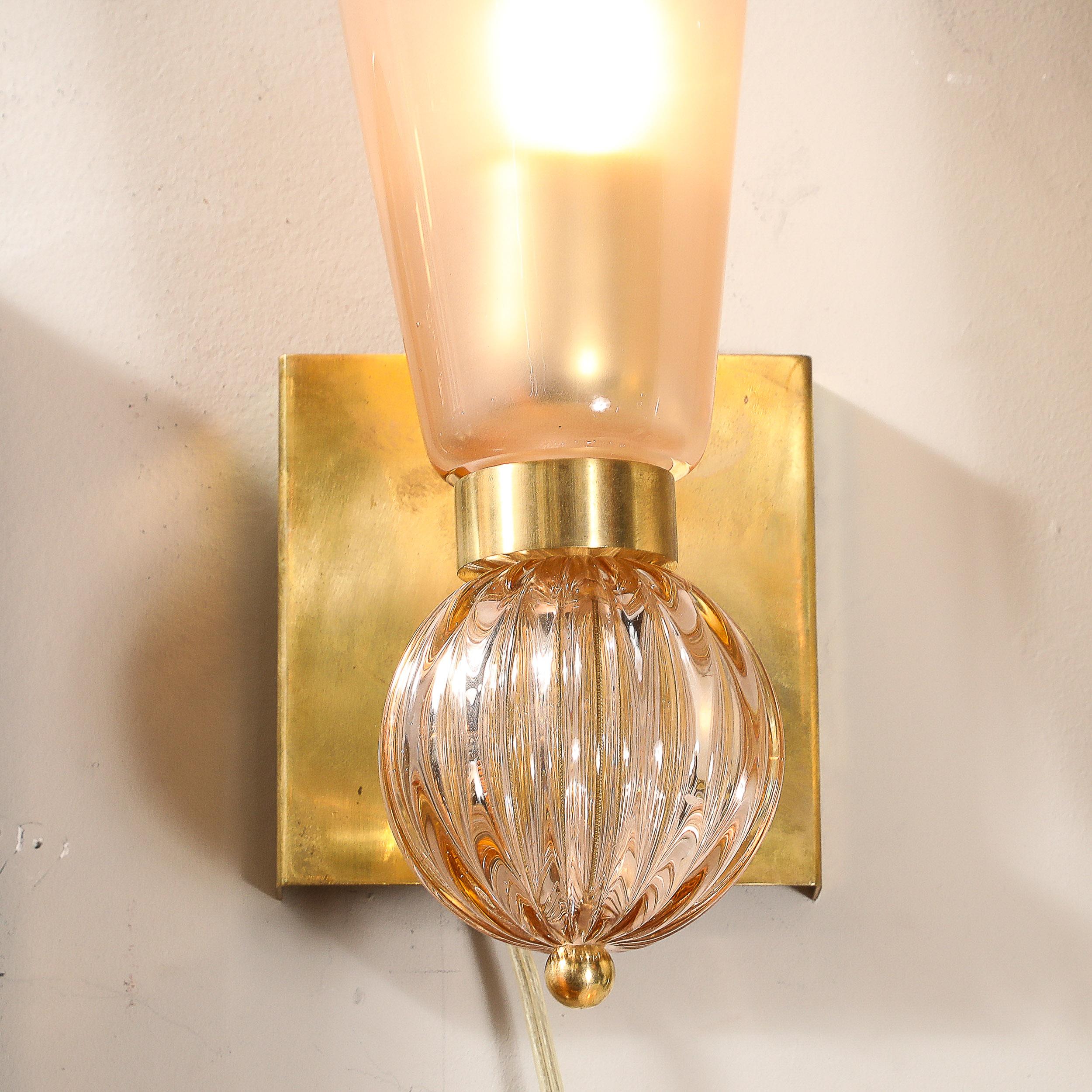 Contemporary Modernist Hand-Blown Smoked Garnet Conical Murano Glass & Orbital Drop Sconces For Sale