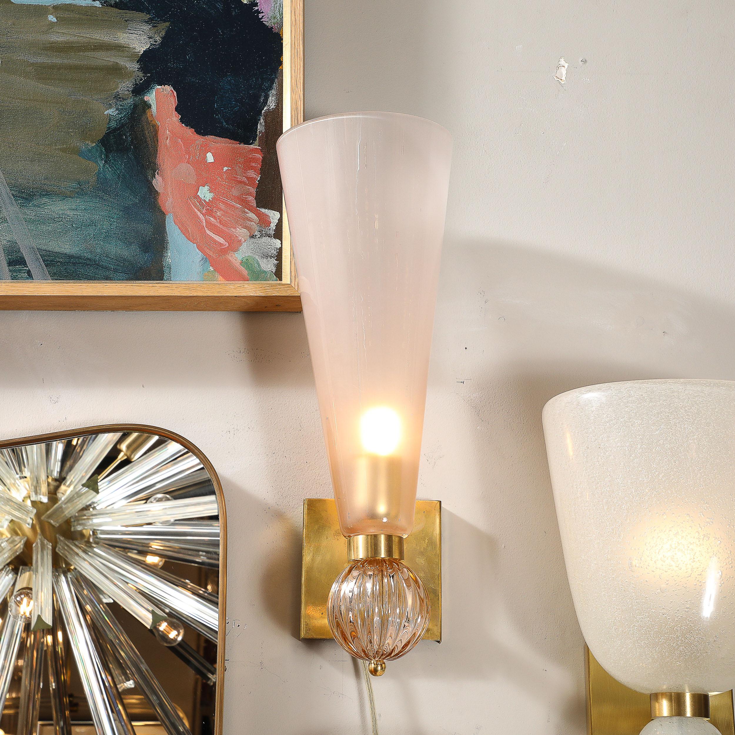 Brass Modernist Hand-Blown Smoked Garnet Conical Murano Glass & Orbital Drop Sconces For Sale
