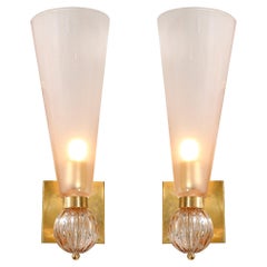 Modernist Hand-Blown Smoked Garnet Conical Murano Glass & Orbital Drop Sconces