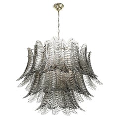 Modernist Hand-Blown Smoked Gray Murano Glass 3-Tier Reeded Feather Chandelier