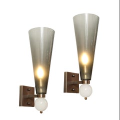 Modernist Hand-Blown Smoked Gray Murano Glass Conical Sconces with Orbital Drop