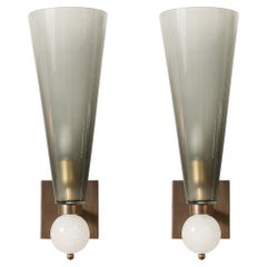 Modernist Hand-Blown Smoked Gray Murano Glass Conical Sconces with Orbital Drop