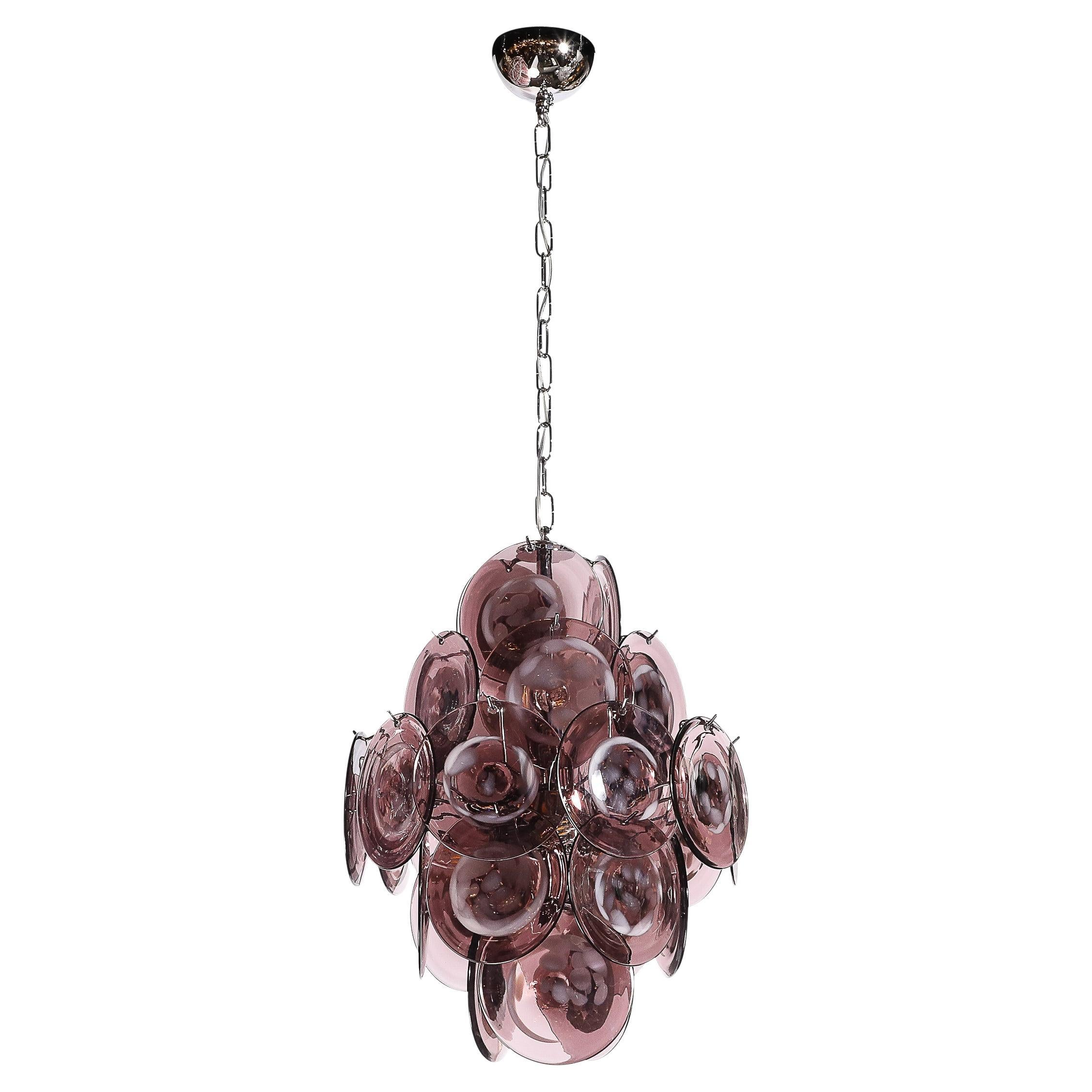 Lampadario modernista a disco a cinque piani in vetro di Murano soffiato a mano e macchiato di malva fumé