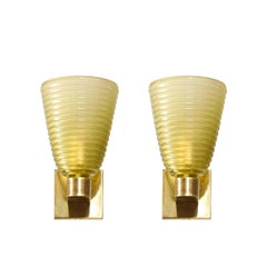 Modernist Hand-Blown Smoked Peridot Hive Form Murano Glass & Brass Sconces
