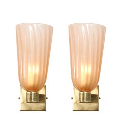 Modernist Hand-Blown Smoked Rose Murano Fluted Glass Sconces with Brass Fittings