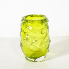 Modernist Hand-Blown Undulating Art Glass Peridot Green Vase signed Caleb Siemon